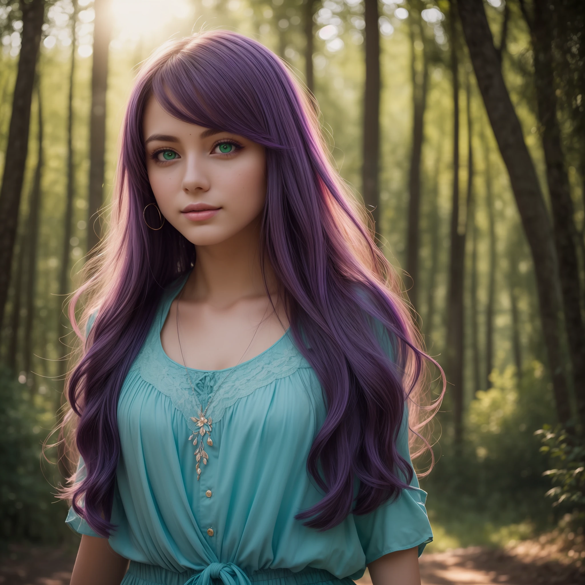 (resolution:512, quality:best, masterpiece, stunning, ultra-detailed, realistic, cinematic, high saturation), beautiful girl(1 ), glowing, colorful, purple hair, green eyes, soft smile, vibrant background, flowing clothes, dynamic pose, sunshine through the trees, warm light, dreamy.