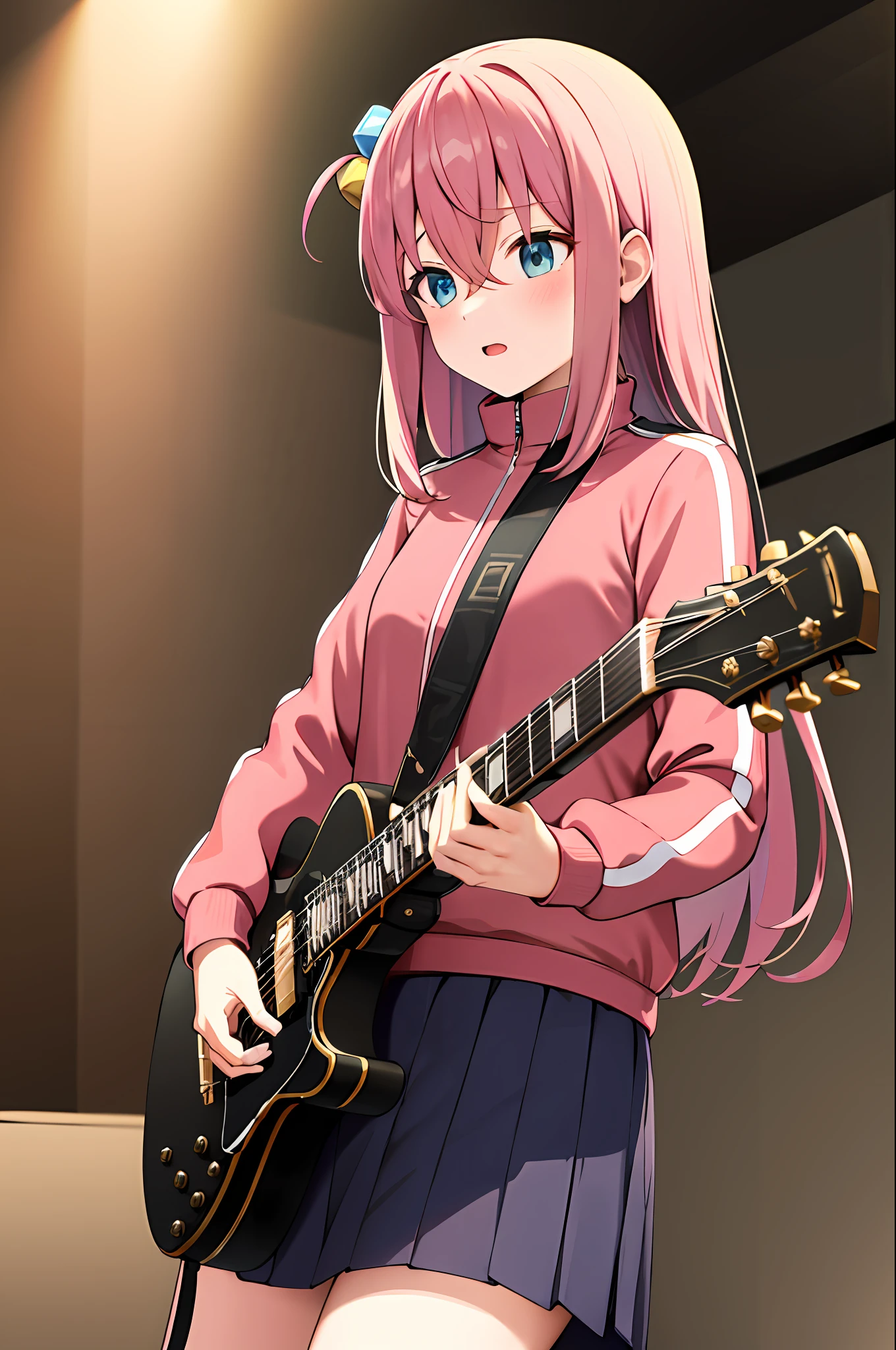 masterpiece, best quality, highres, gotou1, gotou hitori, solo, skirt, pink jacket, track jacket, bangs, hair between eyes, long sleeves, stage, holding instrument, guitar,