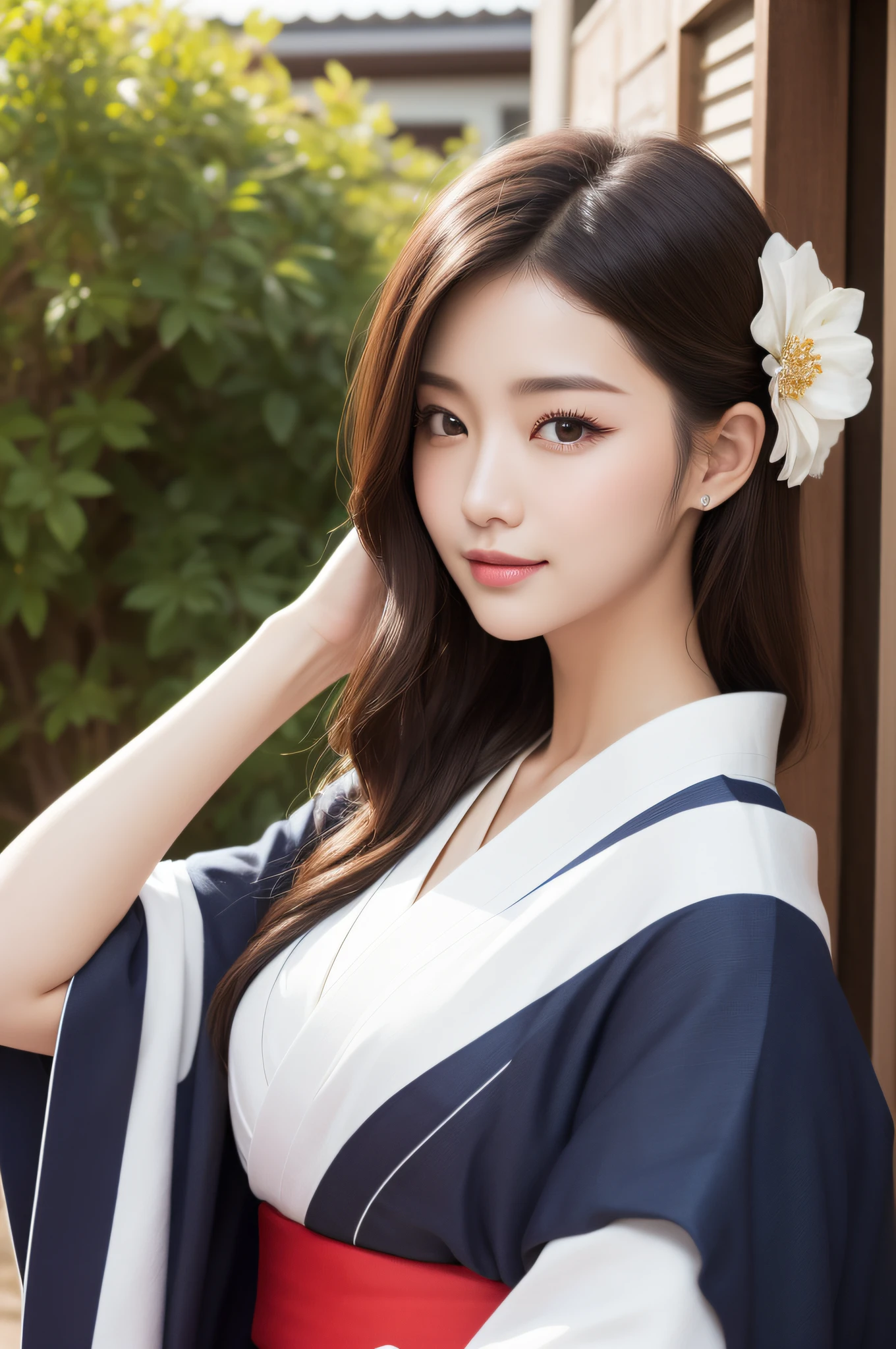 ((top-quality、8K、a masterpiece of:1.3))、foco nítido:1.2、(ultra beautiful faces:1.0)、(Slender Abs Beauty:1.0)、(shinny skin:1.0)、photos realistic、A dark-haired、Video Lighting、High-definition eyes and face、Video Lighting、(cowboy shot:1.3)、(Kimono、Hakama、Obi:1.4)、(Korean Cute Actress)、Traditional kimono、from the front side、medium large breasts、A slight smile