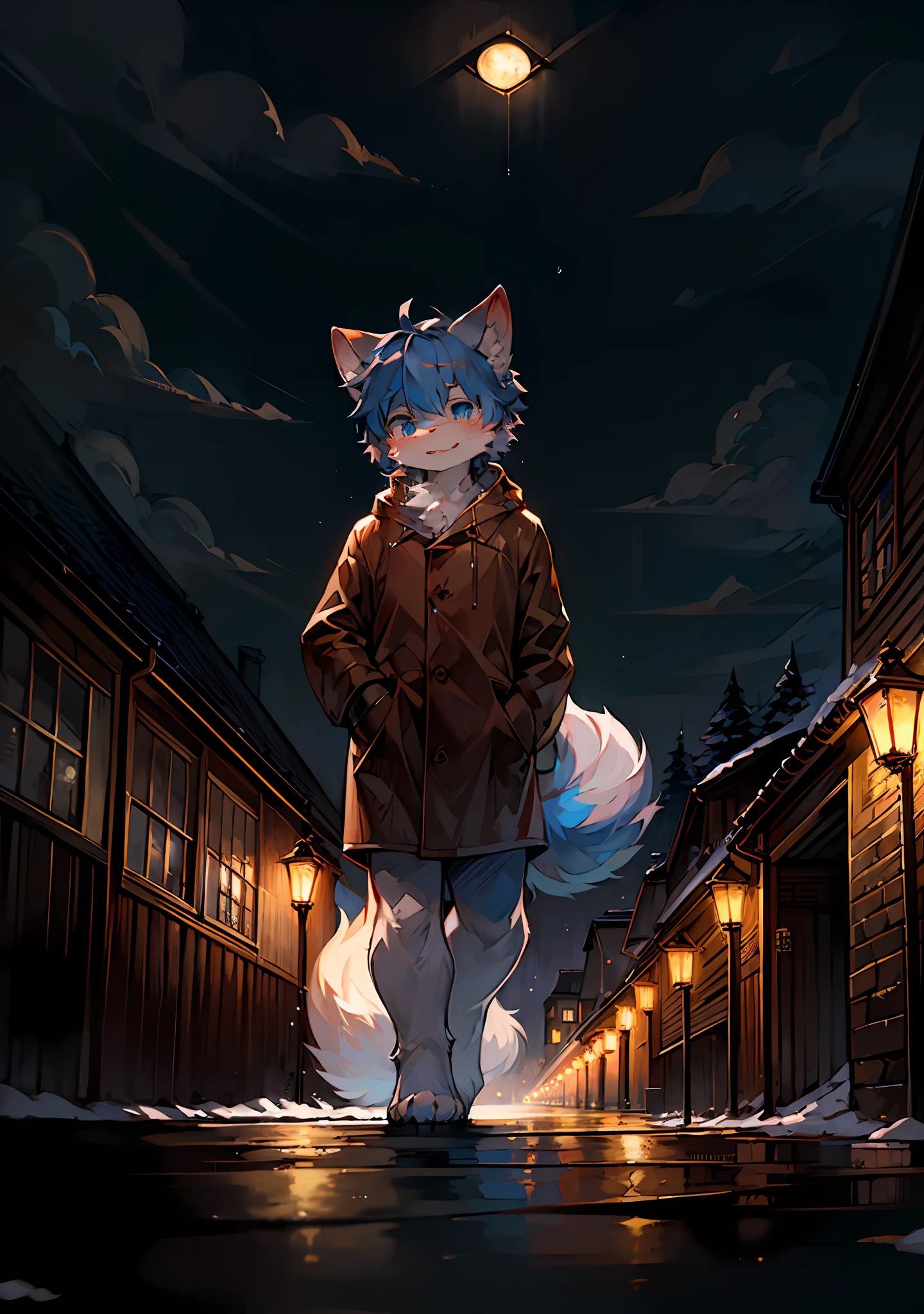 Masterpiece,rays of moonlight，Giant Moon，High quality,abstract res,Digital painting\(artwork of a\), by Dagasi, Yupa,Kiyosan,(anthro,Fluffy fur,Character focus:1.1),anthro male cat,short detailed hair，eyes with brightness, in a panoramic view, Character focus.(detailedbackground:0.7), 独奏, shaggy, shaggy male, Full Body Furry, Fluffy tail, White fur, blue color eyes, Warm hair:1.2), long canines，Gold pattern，Amazing wallpapers，Nordic scene，snowfield, Well-lit building, In the evening in the rain, Beautiful and aesthetic, photography of, cinematic ligh, 8K, high detal