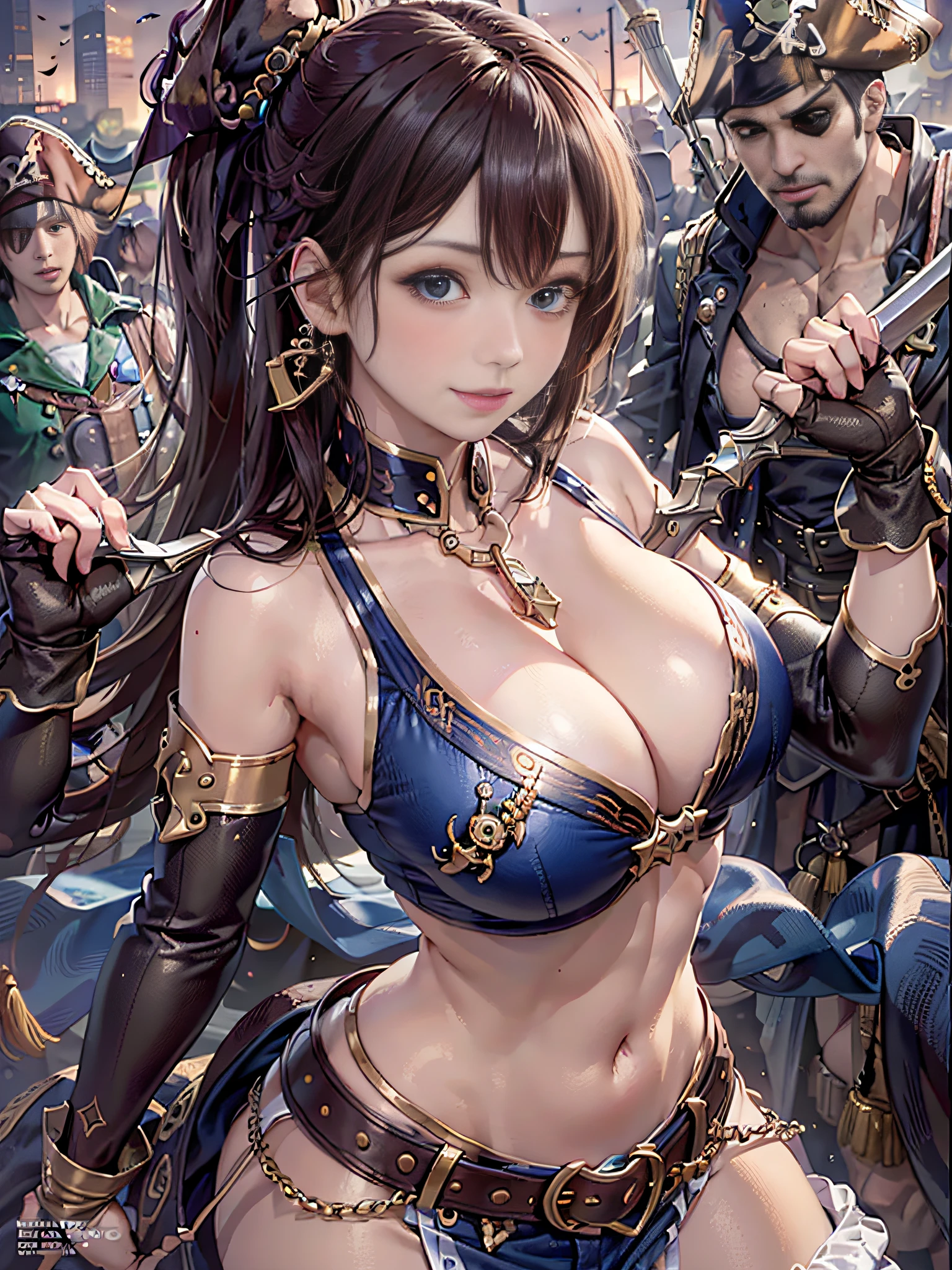 (masutepiece, top-quality:1.32), (Ultra High Quality, 超A high resolution: 1.3), (CG Unity 8k wallpapers:1.2), (Detailed eyes and skin:1.35), (detailed facial features:1.25), (Detailed eyes:1.36), precise and perfect human body structure, (Textured skin: 1.26), (Realistic, photographrealistic: 1.27),
award - winning photo, Depth of Picture, Shading by sunlight、
Show white teeth and smile, cleavage of the breast, large full breasts, Attractive thighs, abdominals,
(poneyTail: 1.47), Brown hair, (Blue eyes: 1.28), thick bangs, Blue Ribbon,
((Pirate costumes:1.2)), a miniskirt、Spear in hand,
Multiple males attacking, Female Warrior Wielding Weapon, combat scene, battle field,