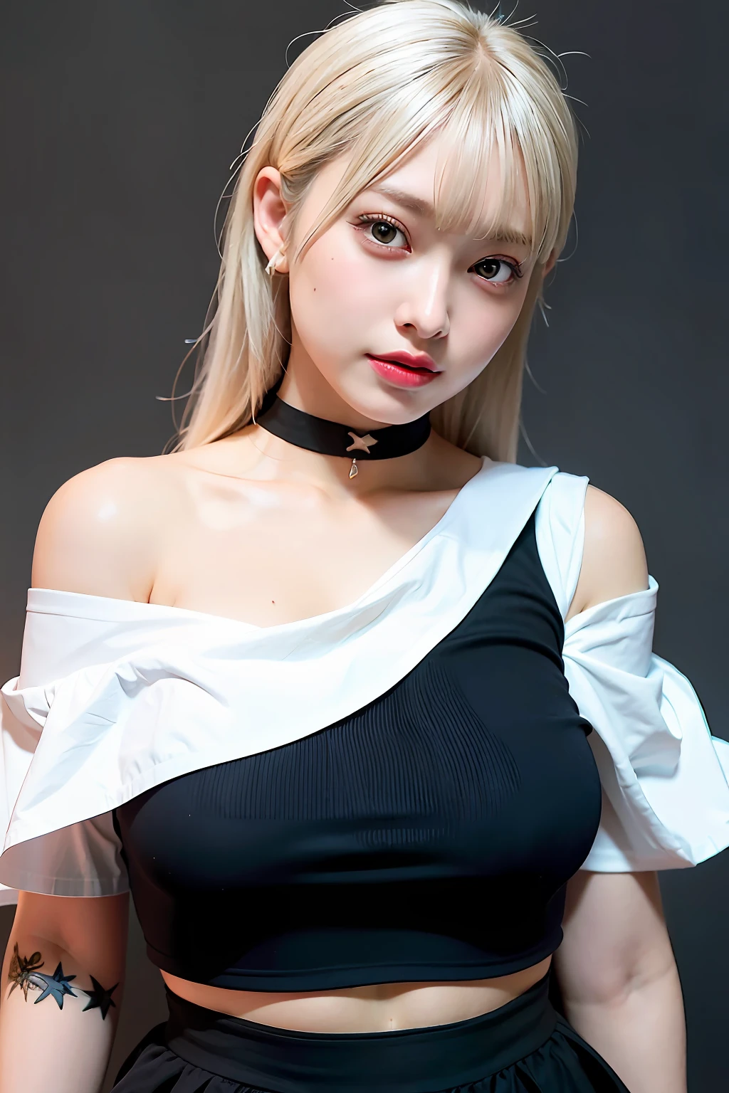 best quality, ultra high res, (photorealistic:1.4), 1girl, off-shoulder white shirt, black tight skirt, black choker, (faded ash gray hair:1), (huge breasts:1.2), looking at viewer, closeup ,