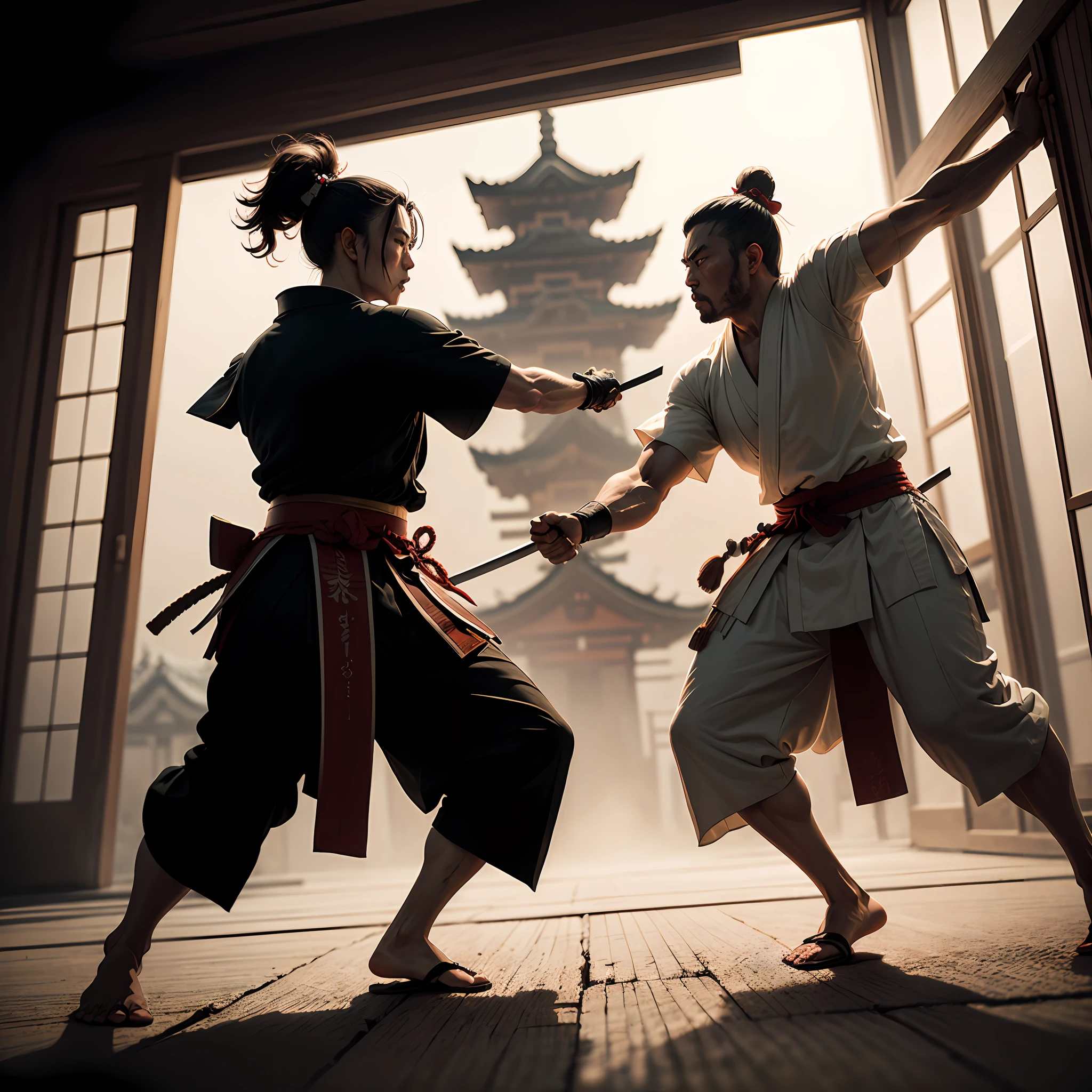 artistic photograph of 2 samurai fighting, bloody, (full body shot), extremely detailed, centered, [intricate Japanese temple in the background], high resolution, hyperdetailed, insane details, soft lighting, film grain --auto