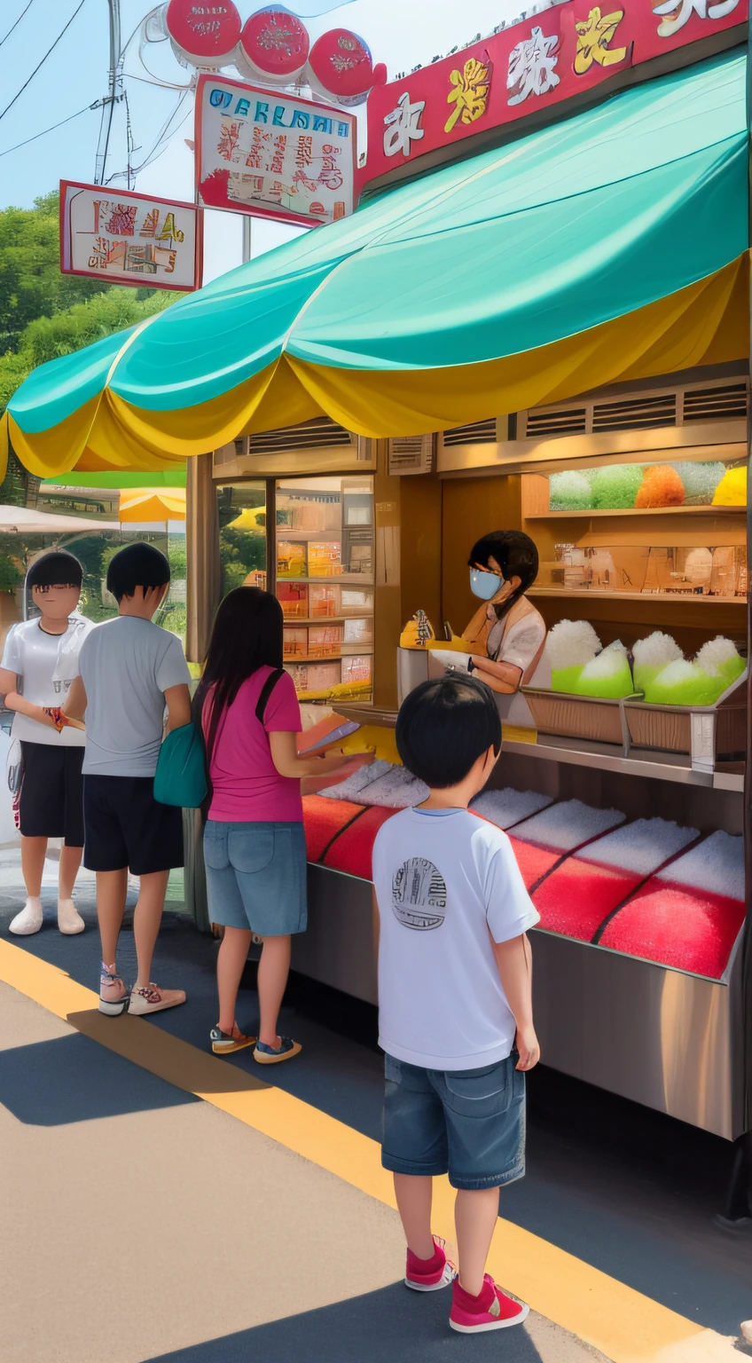 People gathering in front of a shaved ice stall々Rows of shaved ice lined with