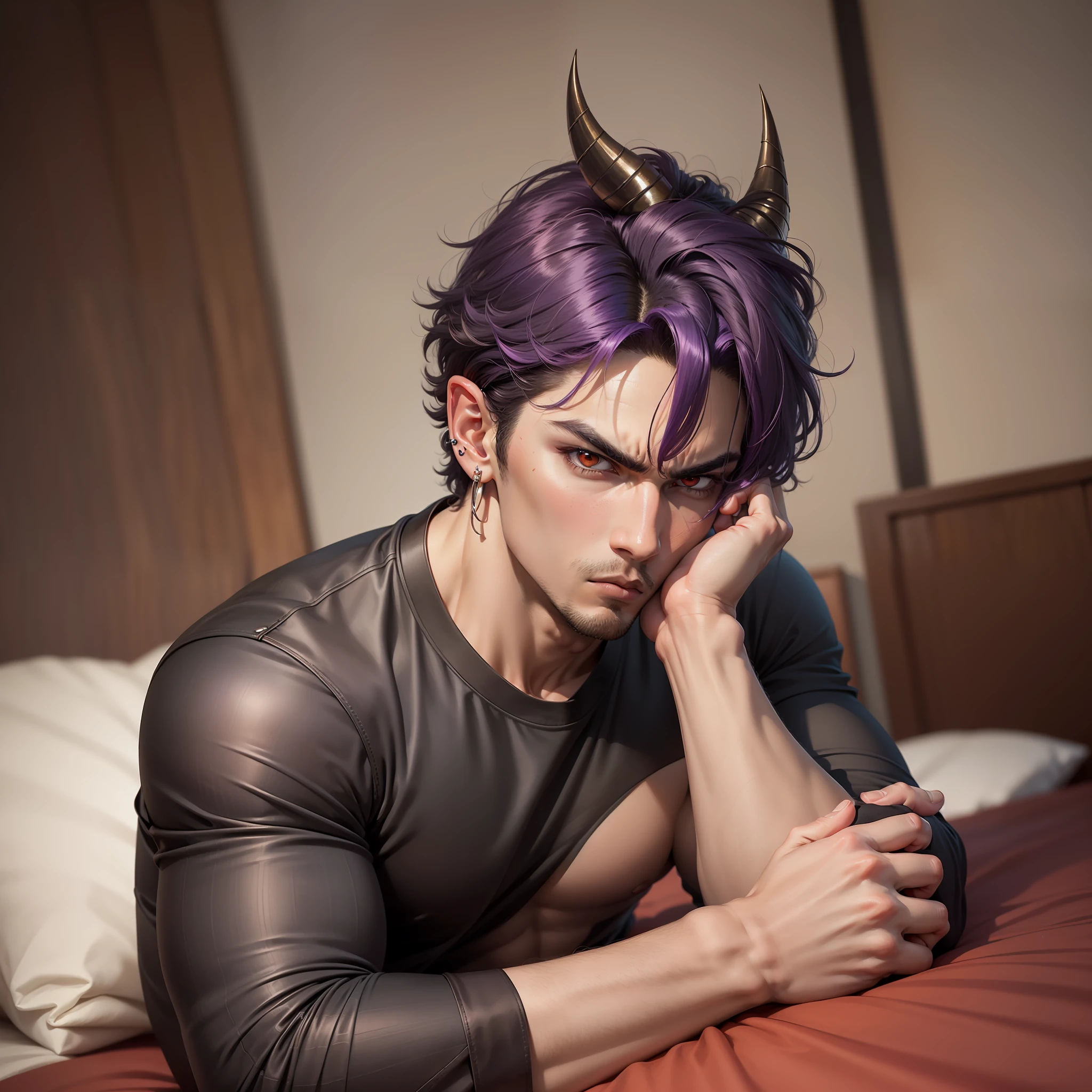 Handsome man, red eyes, angry look, dark brown skin, handsome male, laying on bed, long sleeve shirt, purple hair, short hair, detailed body, detailed hands, bulge in pants, arrogant expression, looking straight, black shirt, nighfall, ear piercings, black pajamas, horns, masculine