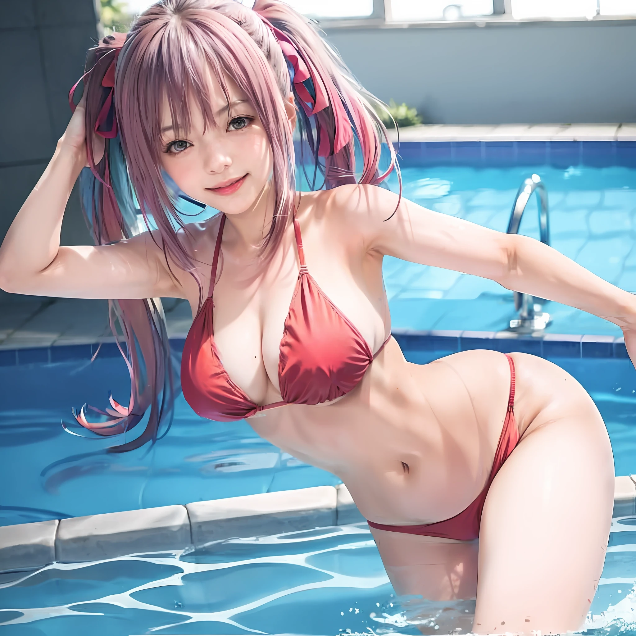 anime girl in a bikini in a pool with a swimming board, seductive anime girl, realistic bikini, oppai, smooth anime cg art, swimsuit, anime moe artstyle, is wearing a swimsuit, makoto shinka, anime best girl, (anime girl), attractive anime girl, guweiz, oppai proportions, | fine detail anime, ecchi