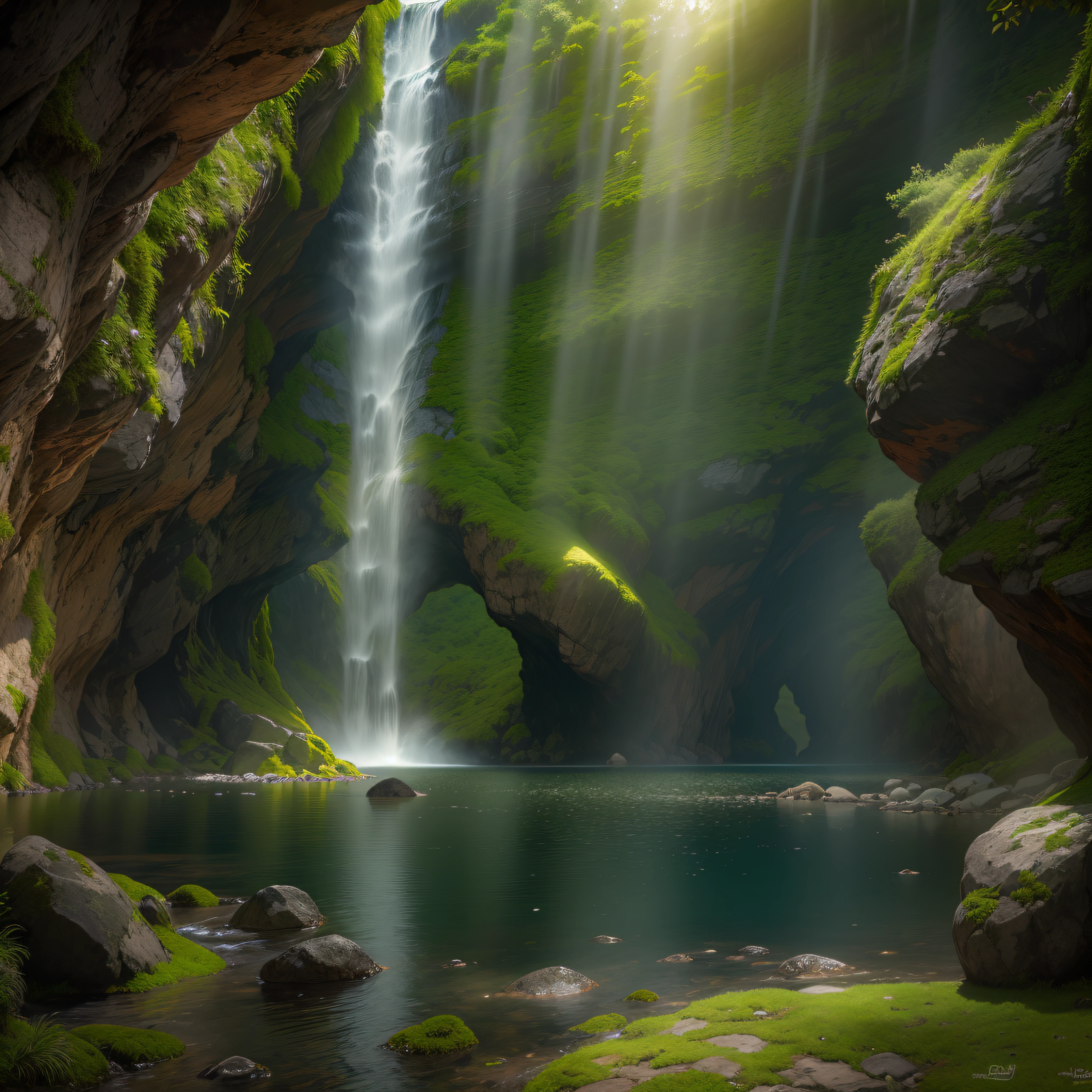 ((best quality)), ((masterpiece)),(realistic), (detailed)(Wide-angle view), (serene),(tranquil), open cave , (sparkling, crystal-clear) water falling from a (tall, jagged) waterfall, Natural, Scenic, Refreshing, Calming, Mystical, Magical, (harmonious, earthy color palette), (smooth, curved lines), (moss-covered rocks), (soft, natural carpet), (sunlight filtering through), (god rays), (sparkling patterns on the cave walls), (majestic and powerful waterfall), (misty atmosphere), detailed background, (lush, green foliage), (birds and insects), morning, Realistic, detailed, (texture and natural beauty), depth and perspective, insanely detailed, , ((masterpiece)), absurdres, HDR,