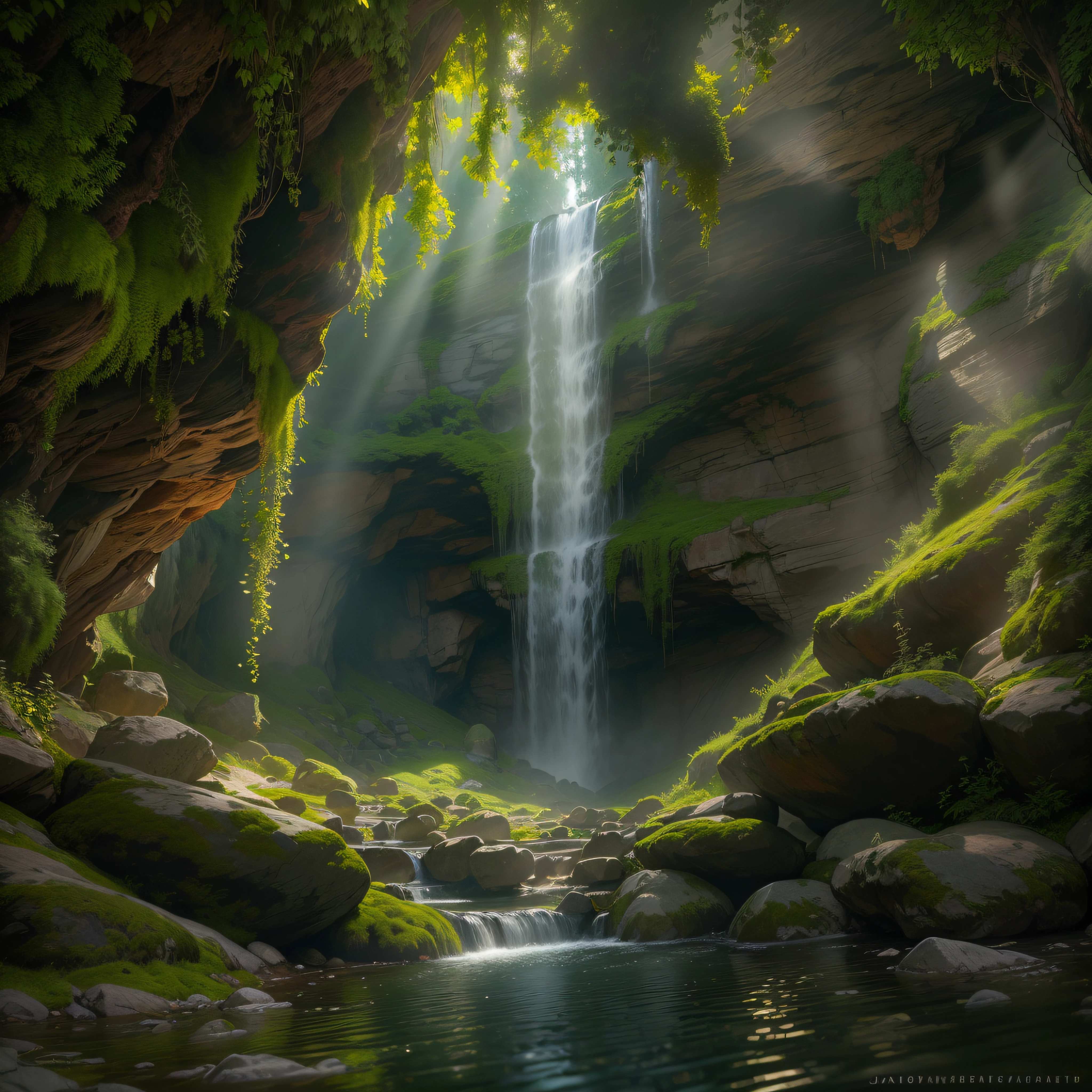 ((best quality)), ((masterpiece)),(realistic), (detailed)(Wide-angle view), (serene),(tranquil), open cave , (sparkling, crystal-clear) water falling from a (tall, jagged) waterfall, Natural, Scenic, Refreshing, Calming, Mystical, Magical, (harmonious, earthy color palette), (smooth, curved lines), (moss-covered rocks), (soft, natural carpet), (sunlight filtering through), (god rays), (sparkling patterns on the cave walls), (majestic and powerful waterfall), (misty atmosphere), detailed background, (lush, green foliage), (birds and insects), morning, Realistic, detailed, (texture and natural beauty), depth and perspective, insanely detailed, , ((masterpiece)), absurdres, HDR,