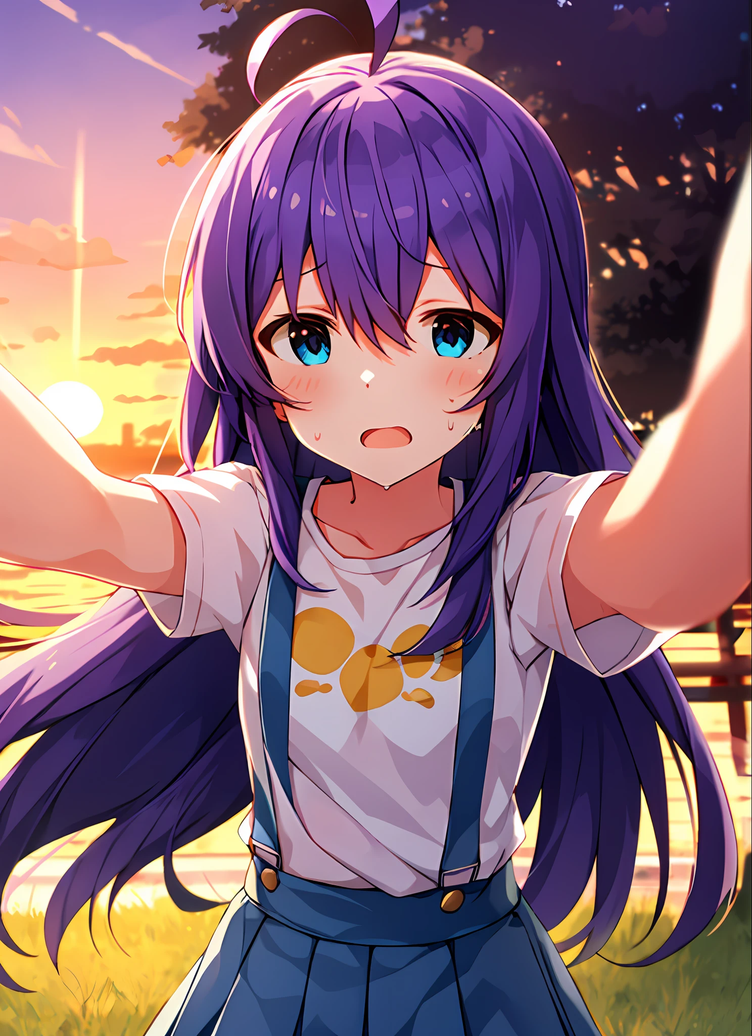 mochizuki anna,1girl in,Solo,Long hair,Purple hair,Medium chest.Ahoge,Blue eyes.Short stature.white t-shirts.suspenders.Skirt.Evening glow.the setting sun.Despair face.Sweat.Opening Mouth.up chest.Do not show both hands.