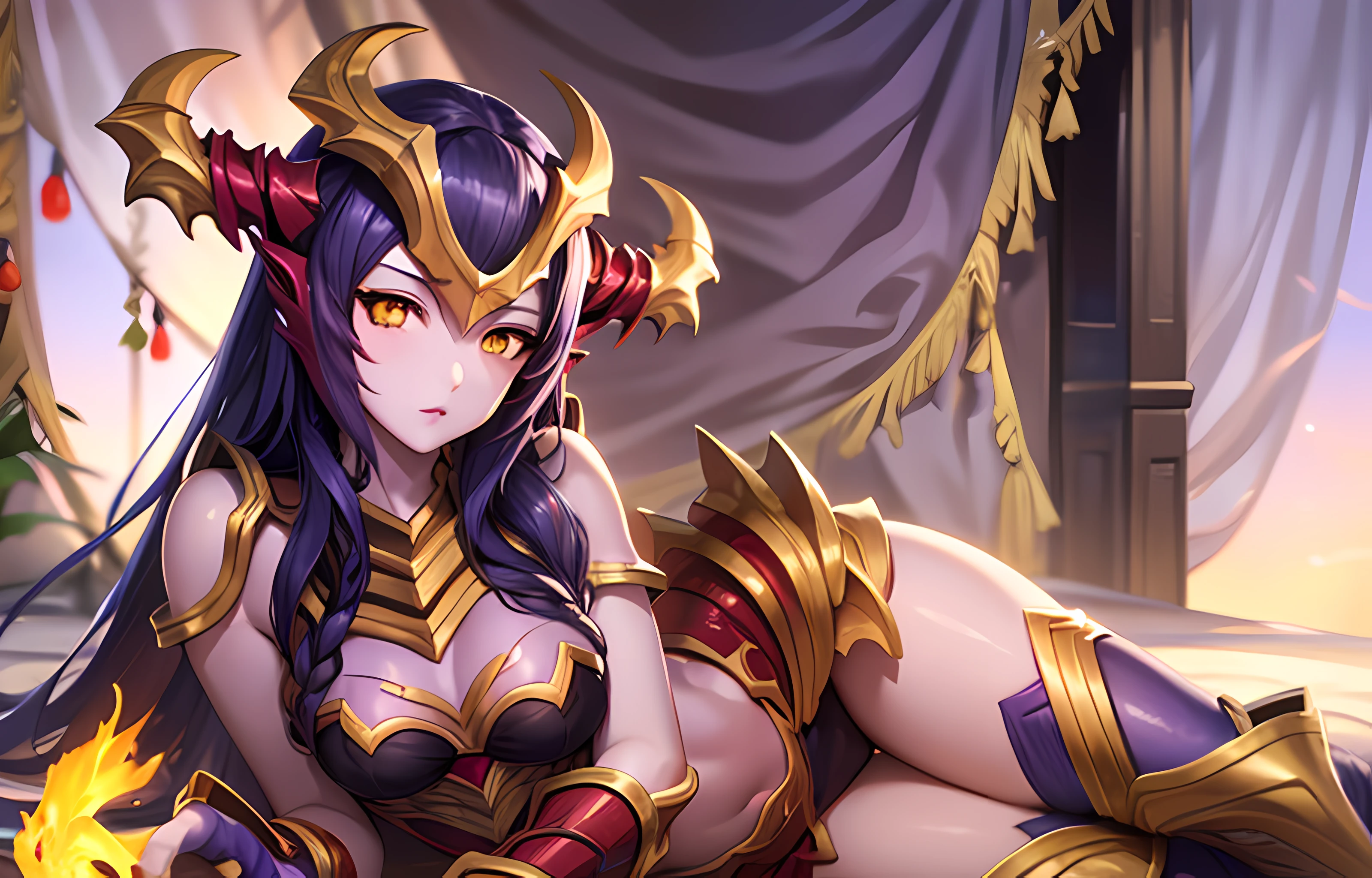 best quality, (ultra-detailed), Shyvana, (hands out of screen), (purple skin), 1girl, thin thighs, fine details, small breasts, yellow eyes, red dressed, hair purple, purple hair, lying on the side, legs together, lying down,