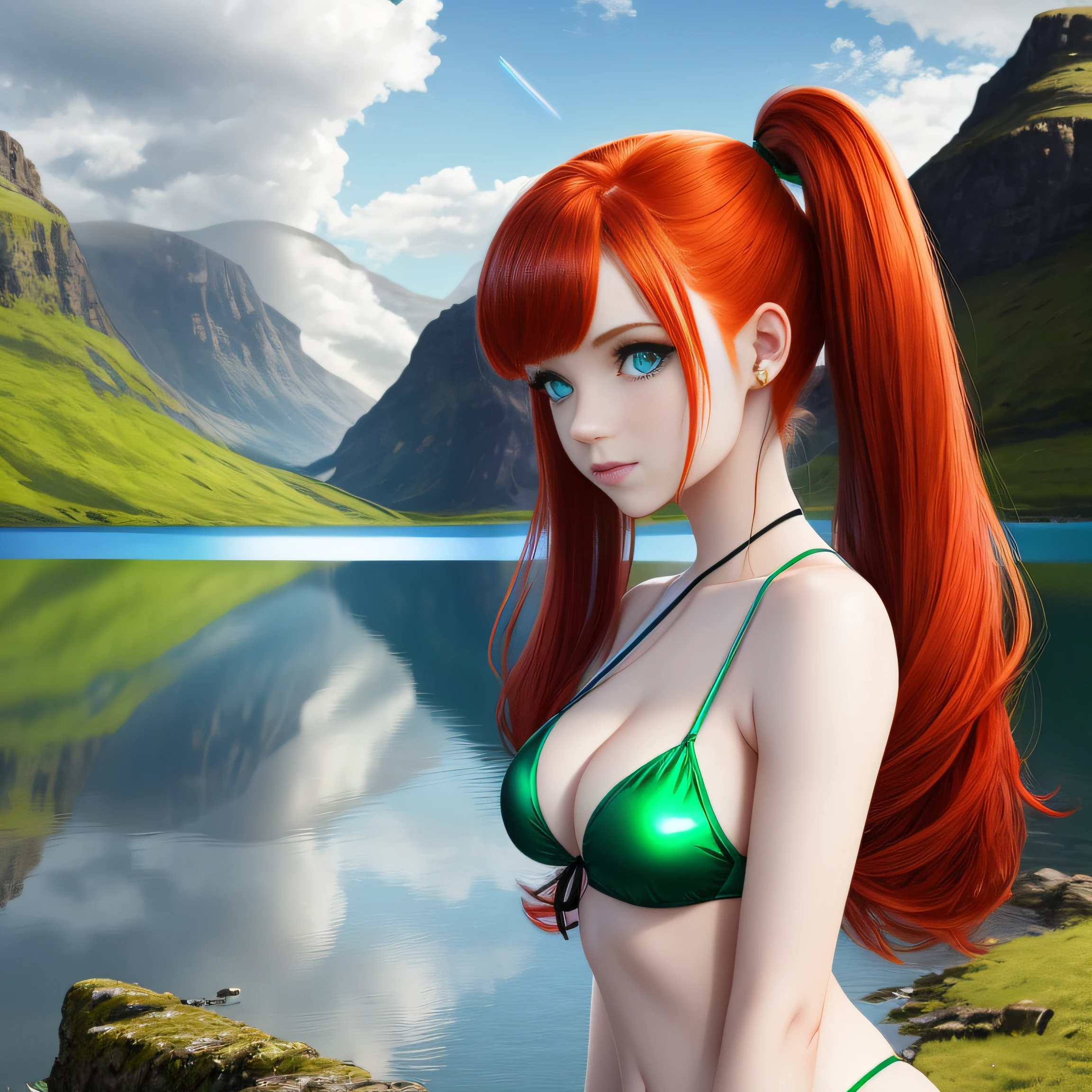 cute redhead woman in twin tails, multiple rainbow colored hair, sky-blue eyes, happy, Ukrainian, petite, pale skin, wearing a green metallic color bikini, lightning striking a lake in Scotland, photo realistic woman. --auto