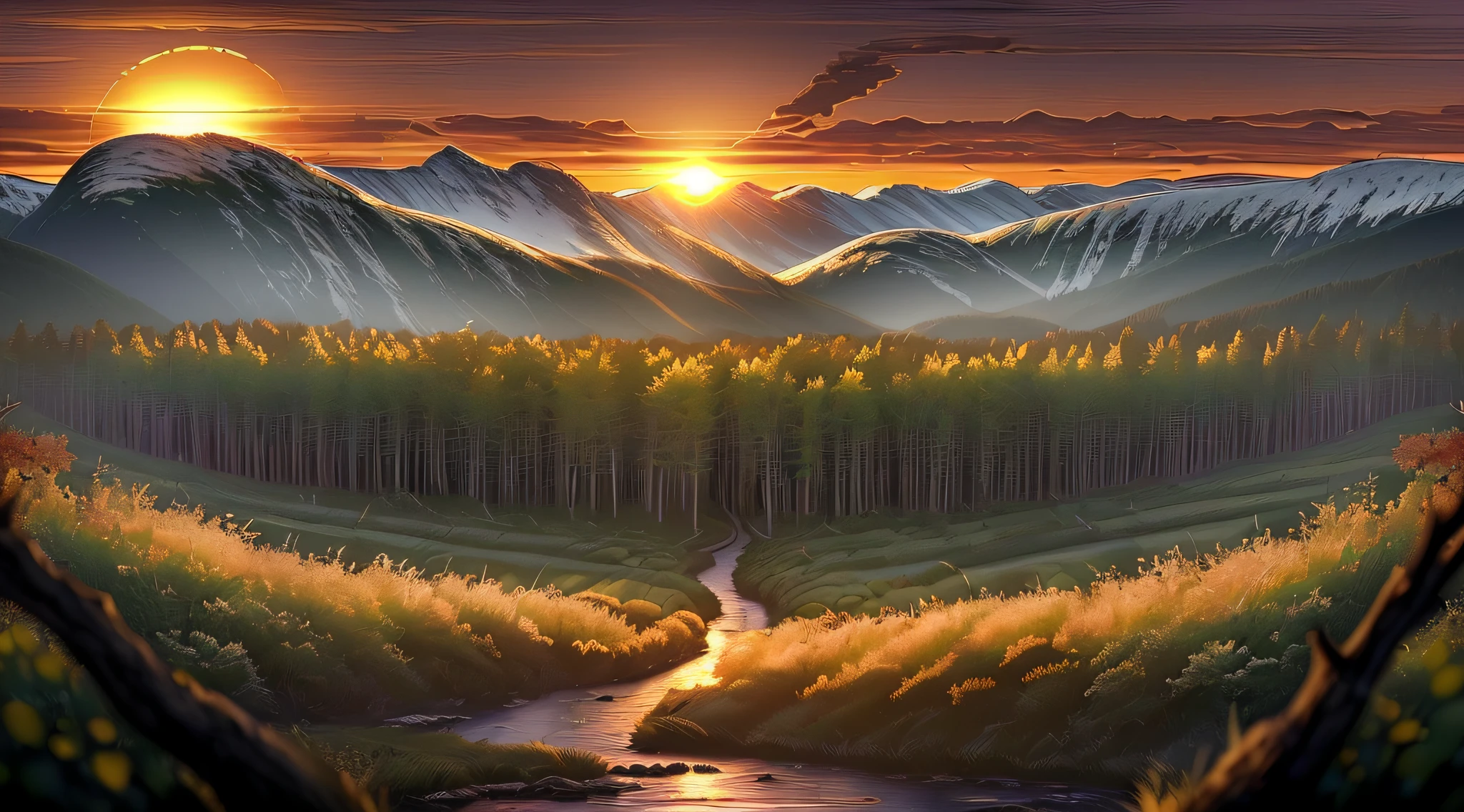 masterpiece, best quality, very detail shadow, high quality,landscape with texture,award winning photography, Depth of Field, HDR, Chromatic Aberration, High contrast, Super clear, Realistic style, Photorealistic, cinematograph, (extremely realistic), extremely detailed, Intricate, High Detail, China National Geographic, ((700MM telephoto vista extreme long shot lens)), (evening sun setting:1.6), (A Nordic forest in Early spring:1.5), (Green grass sprout:1.2), (Stream:1.3), (gravel:1.3), (High mountain:1.2)