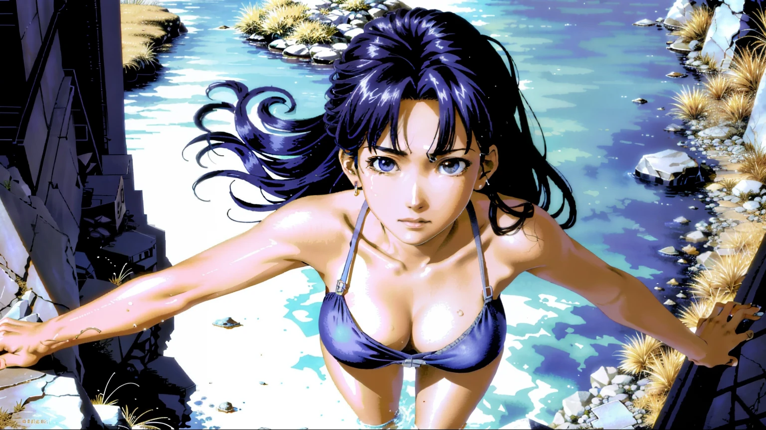 The modern meaning of anime. birdseye view, The stunningly beautiful Misato Katsuragi from the anime Evangelion walking in the cavern, Detailed tank top,D Cup Big Bust, Slim body. vixip, close up of face, by Yoshiyuki Sadamoto, yoko taro, watercolor paiting. blush, water dripping, Rock, Water Reflection, stairs, Stepped. Hand drawn illustration, Cinematic lighting, Highly detailed. Perfect composition golden ratio, masutepiece, Best Quality, 4K, Sharp Focus. Better hands, Perfect Anatomy. by sumic.Has a small