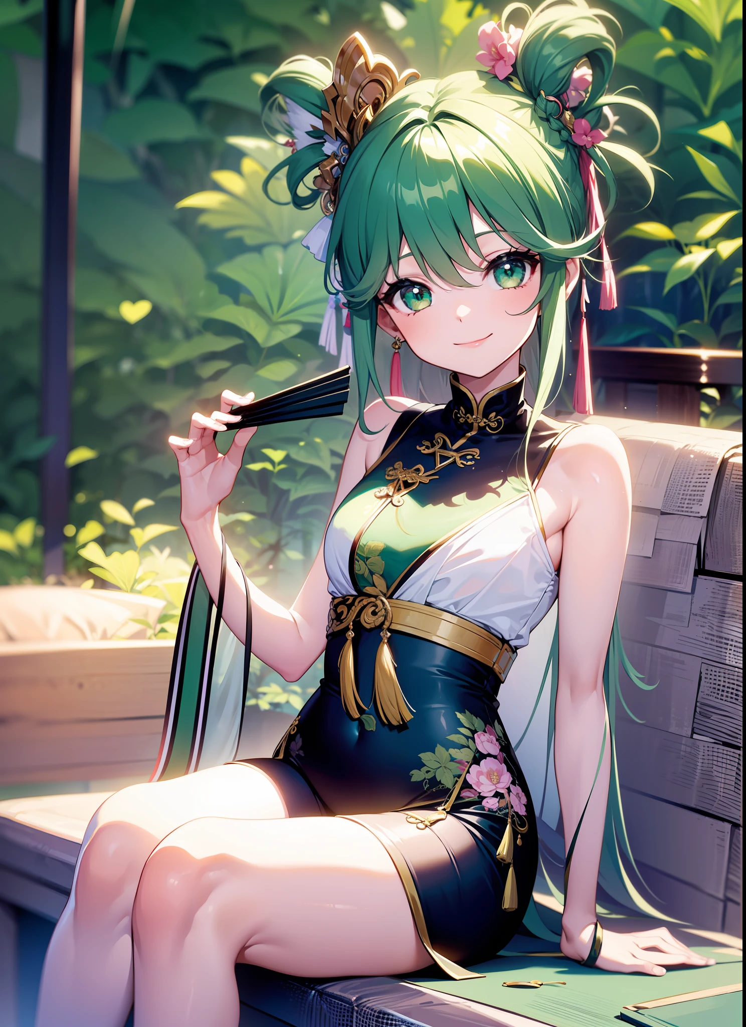1 girl, sitting on the sofa, smiling, forest background, wearing a green short Chinese dress, Green hair, holding a fan, masterpiece, UHD