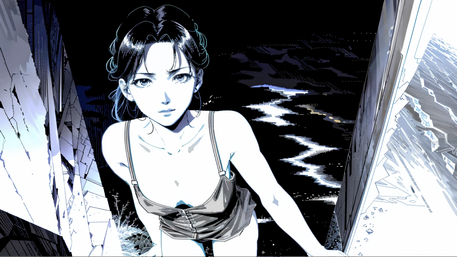 The modern meaning of anime. birdseye view, The stunningly beautiful Misato Katsuragi from the anime Evangelion walking in the cavern, Detailed tank top,D Cup Big Bust, Slim body. vixip, close up of face, by Yoshiyuki Sadamoto, yoko taro, watercolor paiting. blush, water dripping, Rock, Water Reflection, stairs, Stepped. Hand drawn illustration, Cinematic lighting, Highly detailed. Perfect composition golden ratio, masutepiece, Best Quality, 4K, Sharp Focus. Better hands, Perfect Anatomy. by sumic.Has a small