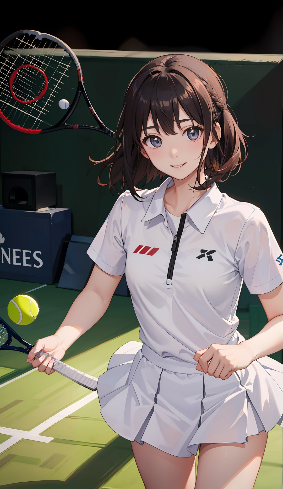 1The girls、Shirts、pleatedskirt、17 age、Bob Hair Style、A smile、A delightful!、japanes、enmaided、Chromo-white skin、Beautiful eyes、(small tits)、Playing tennis、Wimbledon、Wearing white tennis wear、电影灯光、