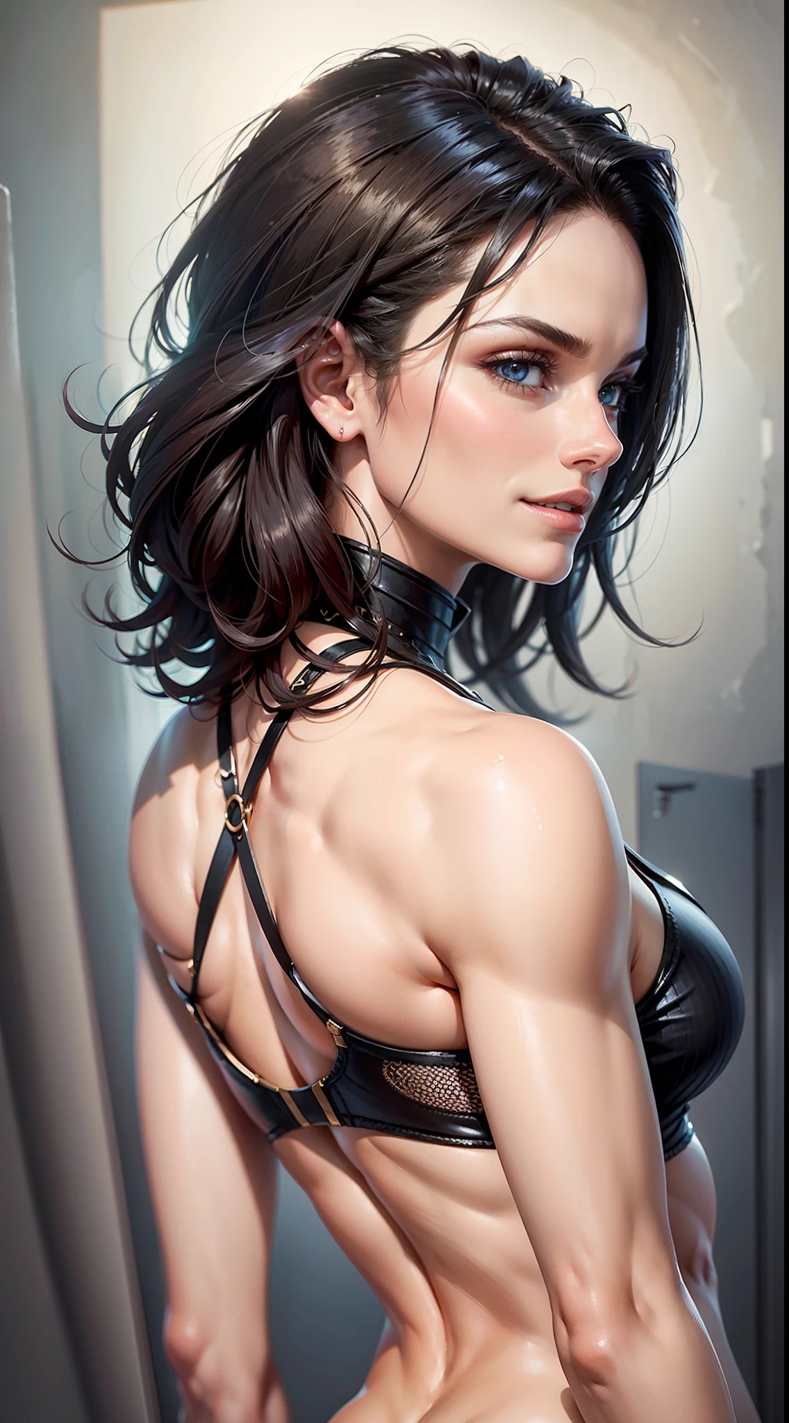 obra-prima, ultra high-resolution, Maximum quality, 8K, foto realista, qualidade de cinema, Jaimie Alexander/Lady Sif, (corpo inteiro), identical face, magra, quadris largos, coxas grossas, rosto muito detalhado, olhos extremamente detalhados, sorriso malicioso, vestindo micro short e blusinha, natural lightting, soft pellet, Péle Lisa, human skin, cabelos sedosos, muito atraente, sexy, backview, bunda grande e mole