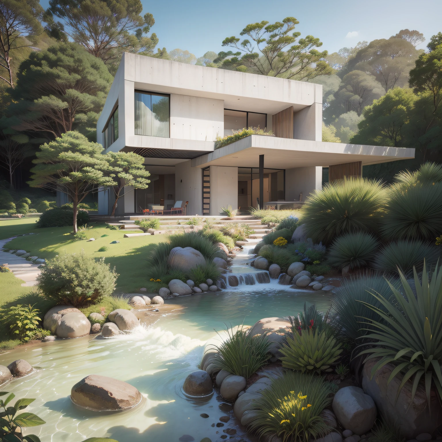 Uma cachoeira em frente a uma moderna casa de concreto branco na floresta, a digital rendering, Joao Salvador, por Maginel Wright Enright Barney, , Modernismo, provia, creative commons attribution, biomorphic