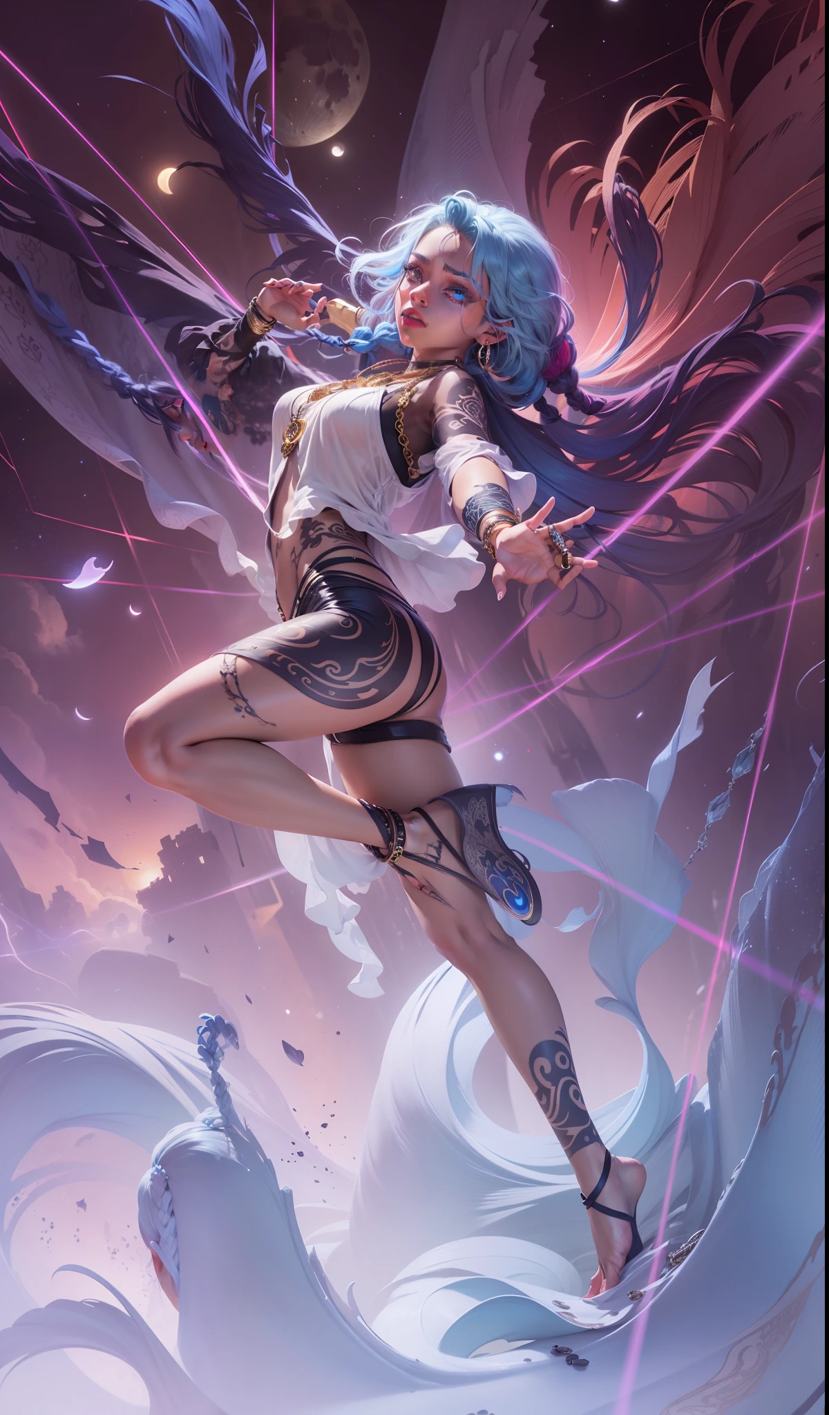 masterpiece, best quality, 1boy, (colorful),(finely detailed beautiful eyes and detailed face),cinematic lighting,bust shot,extremely detailed CG unity 8k wallpaper,ddark blue hair,solo,golden jewelry, necklaces, bracelets, intricate tattoo,, moonlight, moon, night, (dark theme:1.3), light, fantasy, boy, ((dark skinned)), ((braided hairs)), blue eyes,