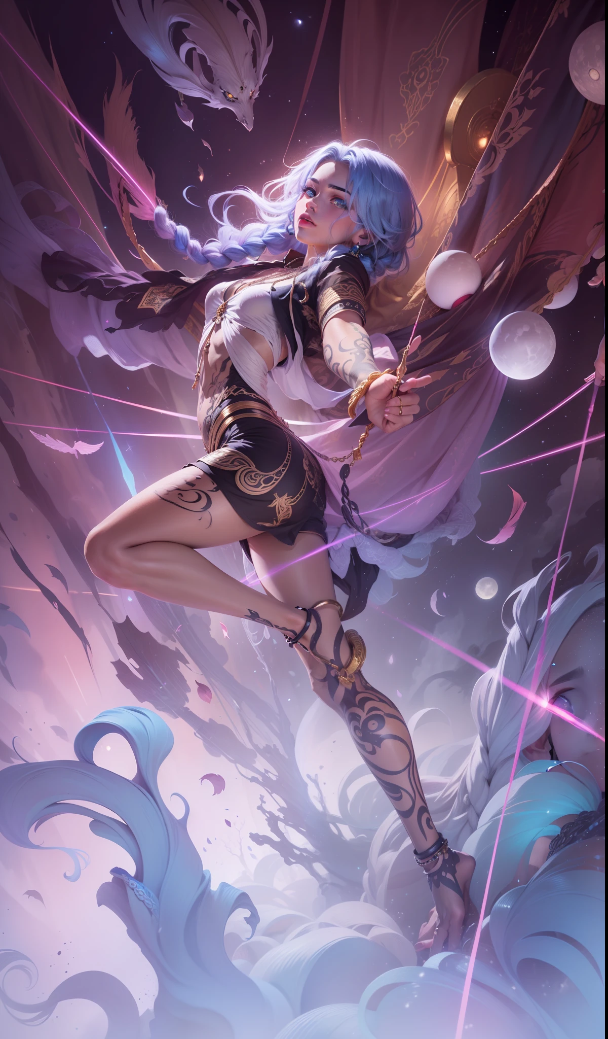 masterpiece, best quality, 1boy, (colorful),(finely detailed beautiful eyes and detailed face),cinematic lighting,bust shot,extremely detailed CG unity 8k wallpaper,ddark blue hair,solo,golden jewelry, necklaces, bracelets, intricate tattoo,, moonlight, moon, night, (dark theme:1.3), light, fantasy, boy, ((dark skinned)), ((braided hairs)), blue eyes,