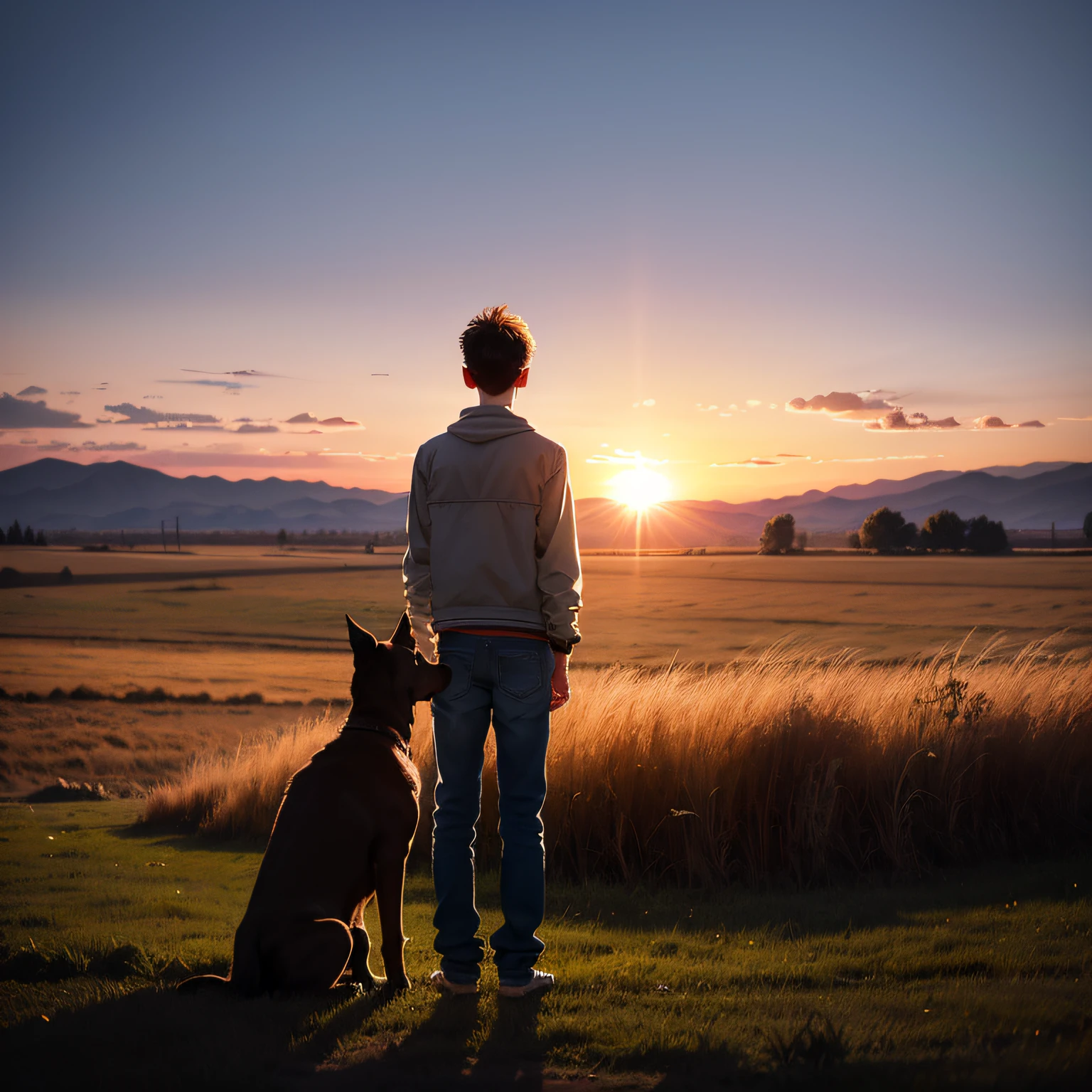 Eighteen-year-old boy，Sit in the field and watch the sunset，One hand on the ground，One finger to the sun，Only his back can be seen，There was a big dog standing next to it
