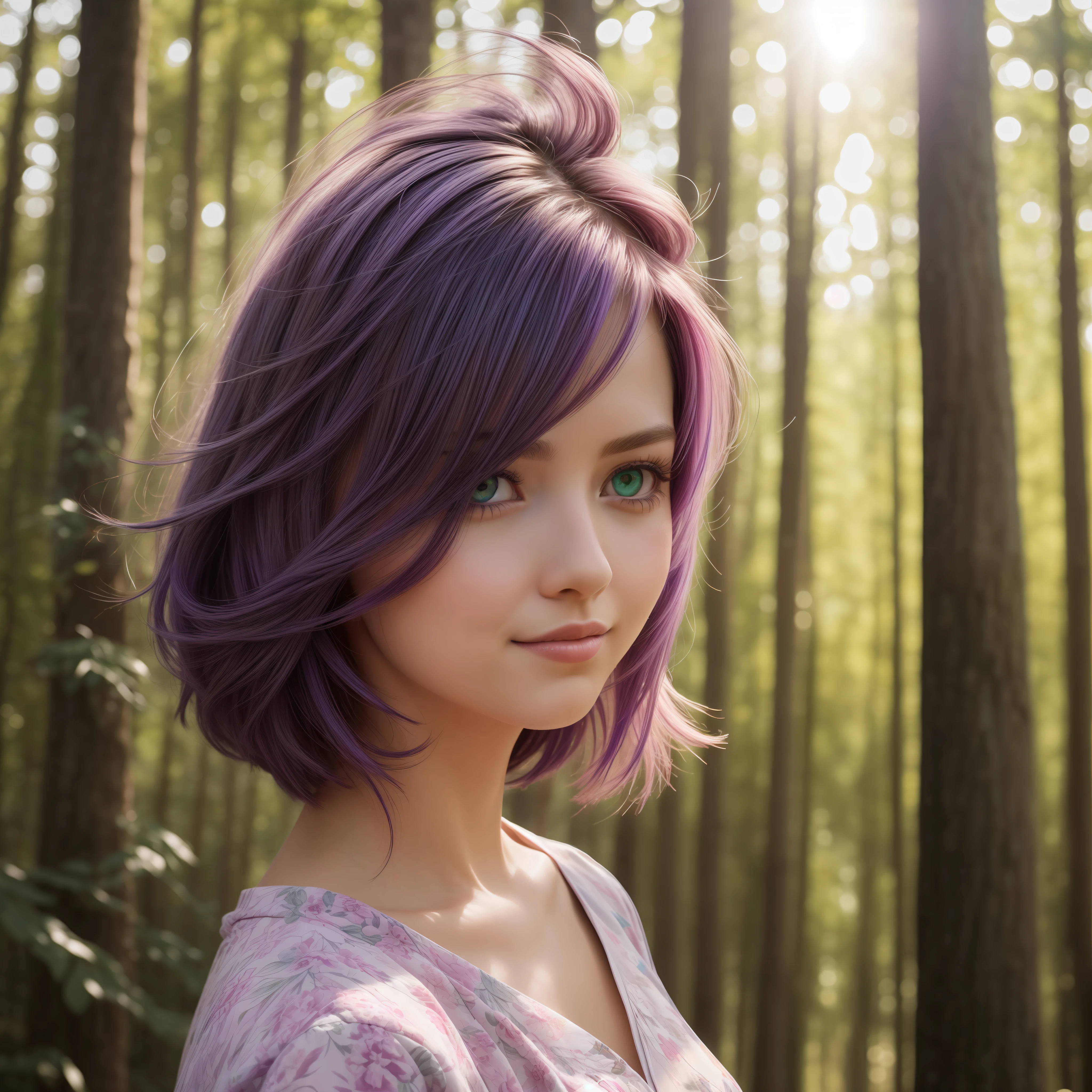 (resolution:512, quality:best, masterpiece, stunning, ultra-detailed, realistic, cinematic, high saturation), beautiful girl(1 menina), glowing, colorful, purple hair, green eyes, soft smile, vibrant background, flowing clothes, dynamic pose, sunshine through the trees, warm light, dreamy.