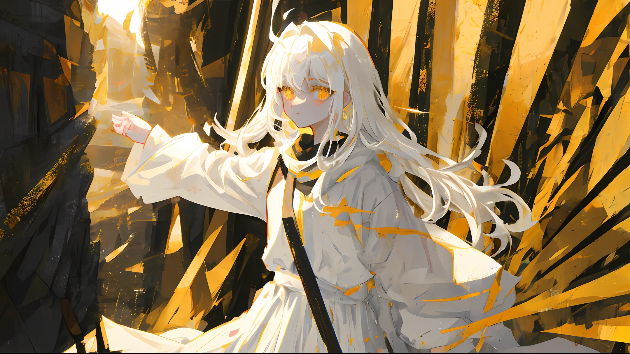 Golden pupils，white color hair，white  clothes，teens girl，8k，Seek light in the darkness