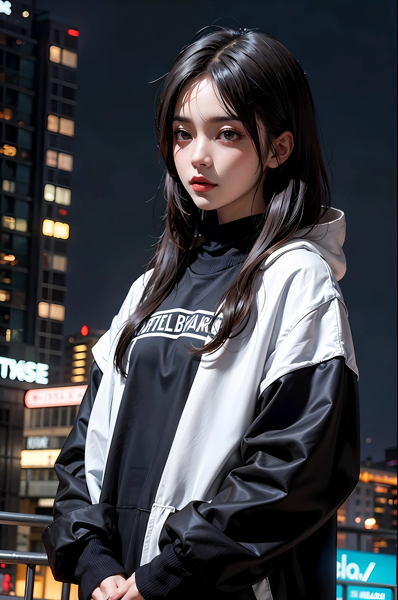 Anime style, cyber punk, city,night, black hair, long haircut,, oversized sweatshirt