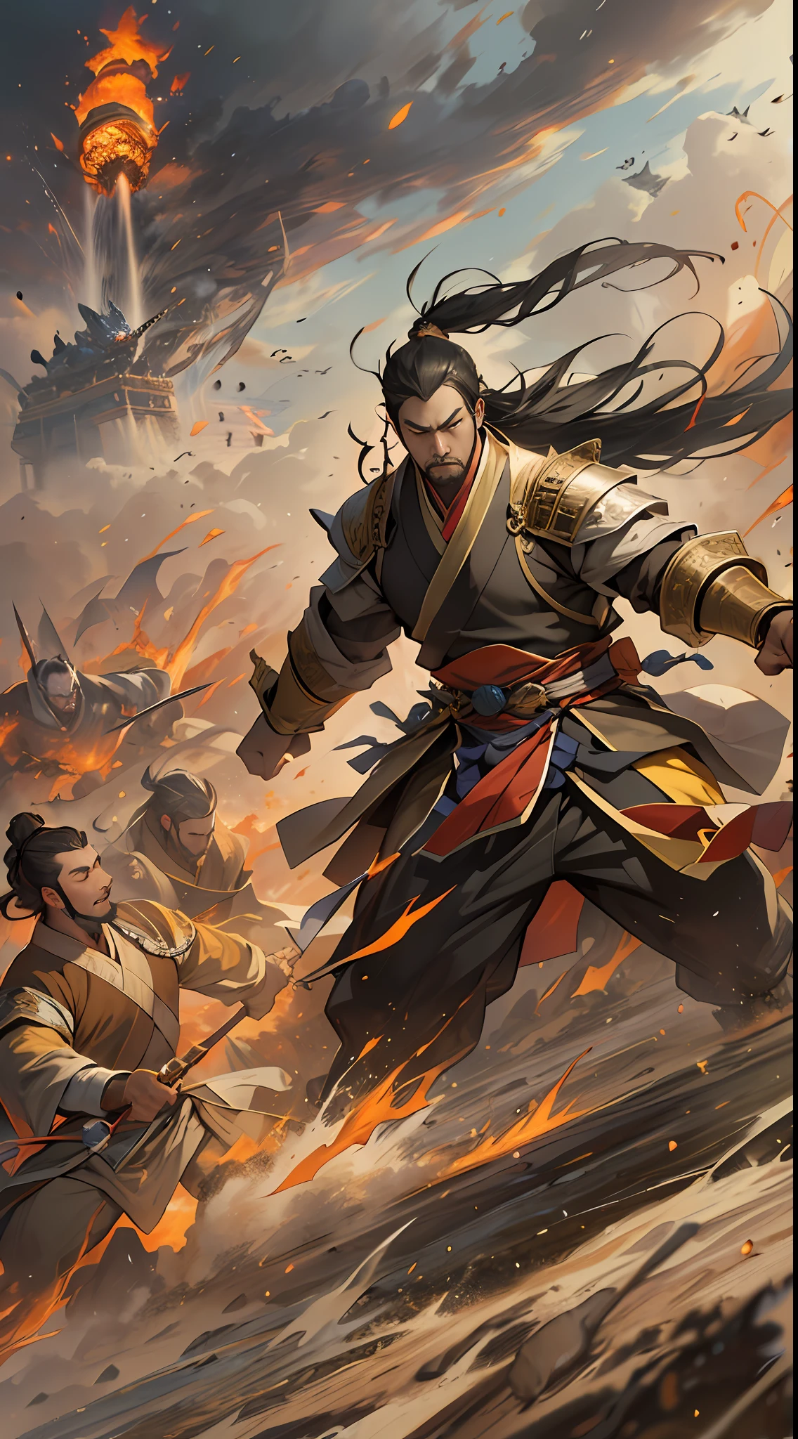 Li Gu displays immense combat power, launching consecutive strikes together with Fourth Ancestor Wu, their attacks bring immense pressure to the enemy, a battlefield under scorching sun and dust-filled air, tension and danger in the atmosphere, , 32k, best quality, masterpiece, super detail, high details,