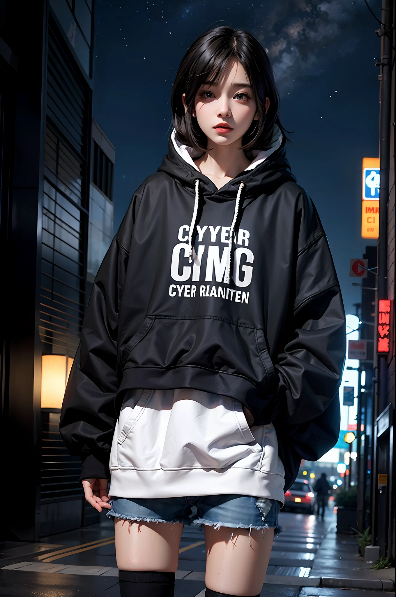 Anime style, cyber punk, city,night, black hair, long haircut,, oversized sweatshirt