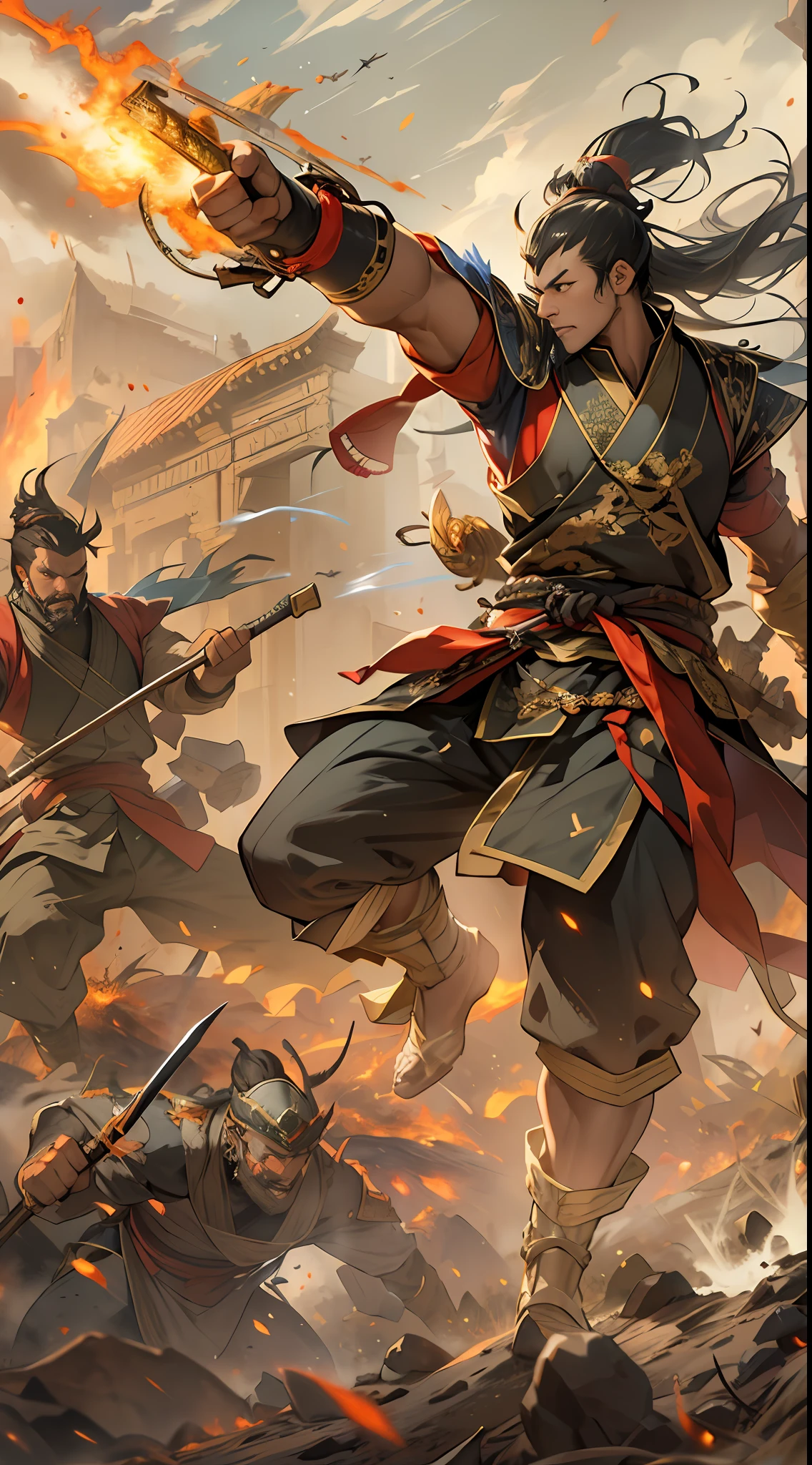 Li Gu displays immense combat power, launching consecutive strikes together with Fourth Ancestor Wu, their attacks bring immense pressure to the enemy, a battlefield under scorching sun and dust-filled air, tension and danger in the atmosphere, , 32k, best quality, masterpiece, super detail, high details,