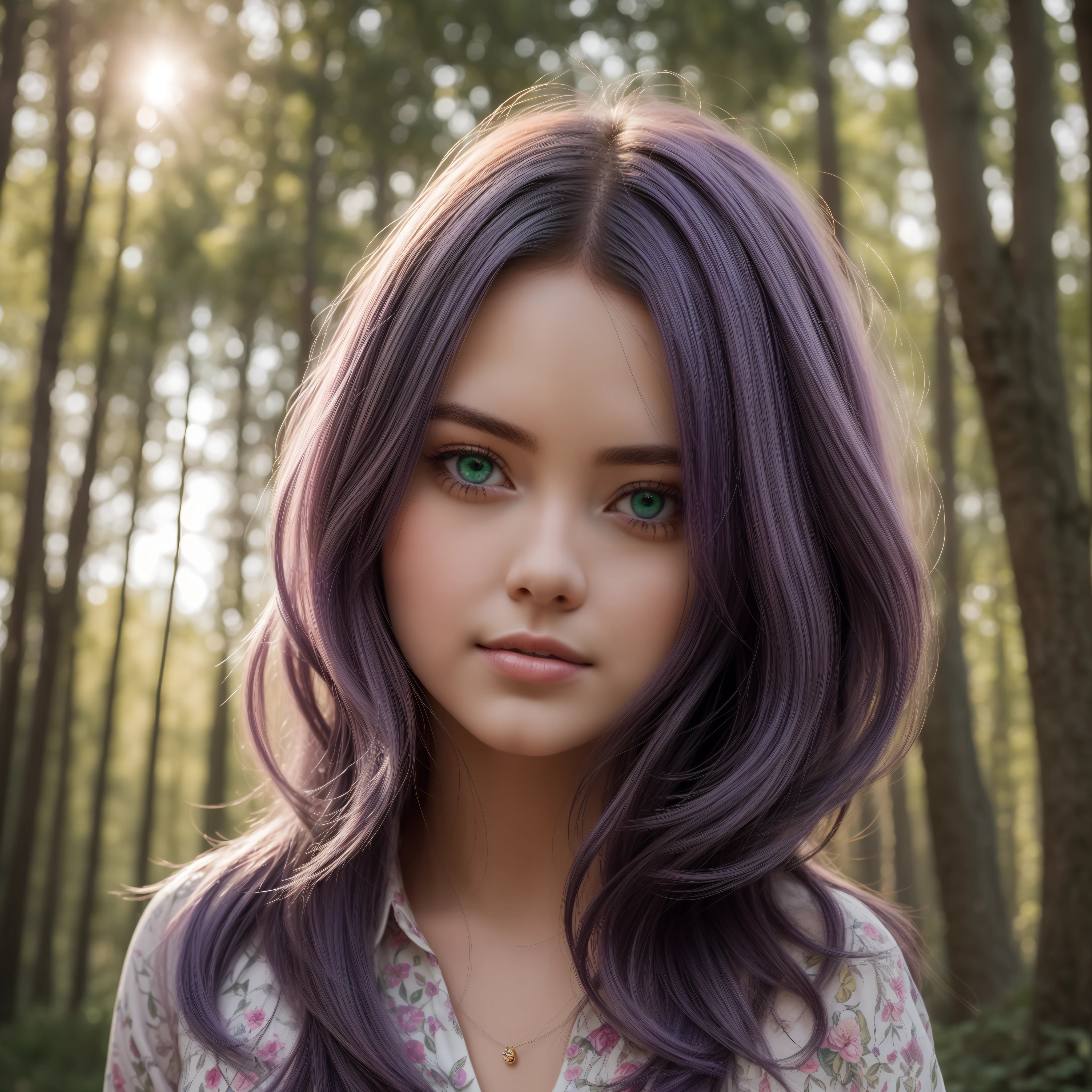 (resolution:512, quality:best, masterpiece, stunning, ultra-detailed, realistic, cinematic, high saturation), beautiful girl(1 menina), glowing, colorful, purple hair, green eyes, soft smile, vibrant background, flowing clothes, dynamic pose, sunshine through the trees, warm light, dreamy.