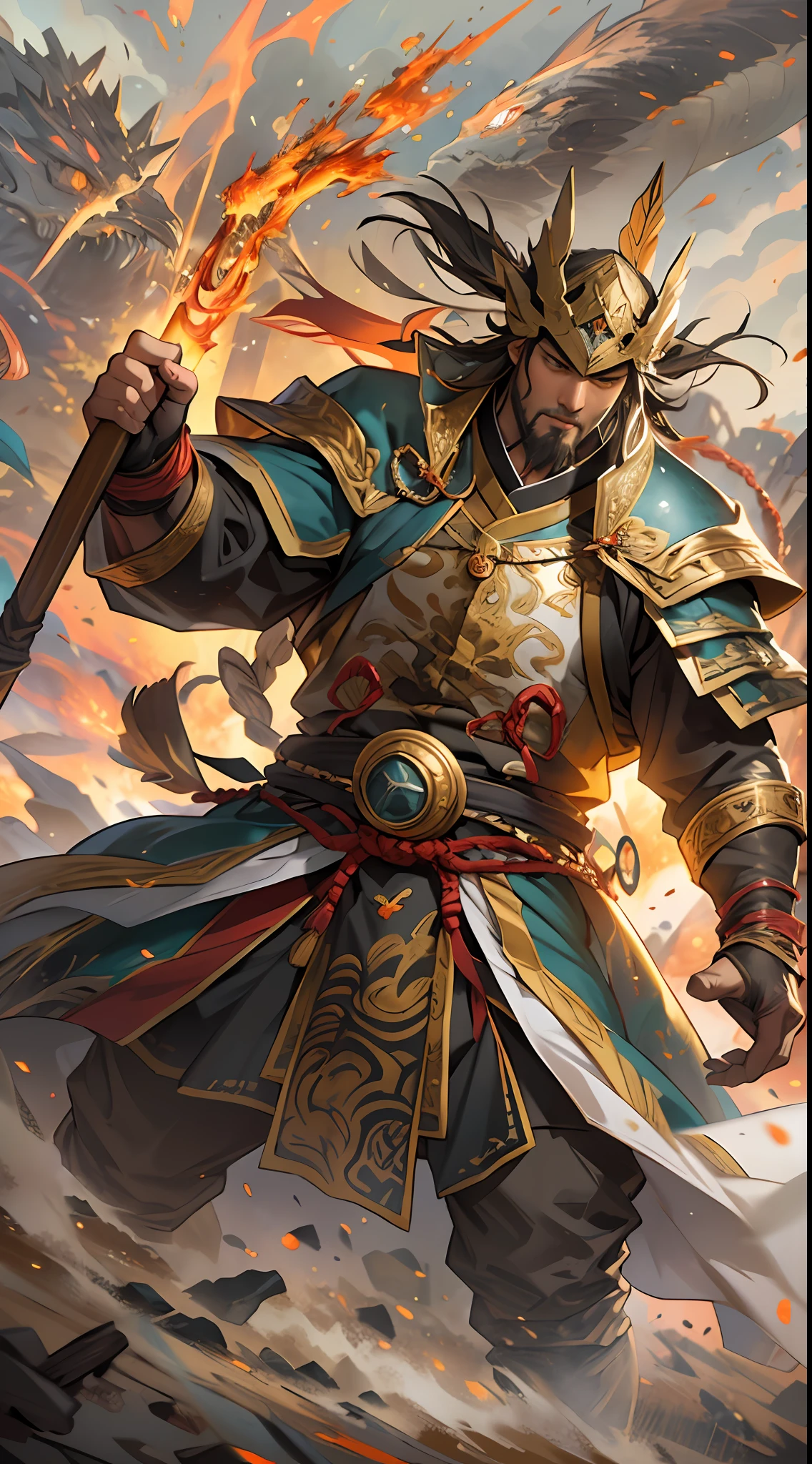 Li Gu displays immense combat power, launching consecutive strikes together with Fourth Ancestor Wu, their attacks bring immense pressure to the enemy, a battlefield under scorching sun and dust-filled air, tension and danger in the atmosphere, , 32k, best quality, masterpiece, super detail, high details,