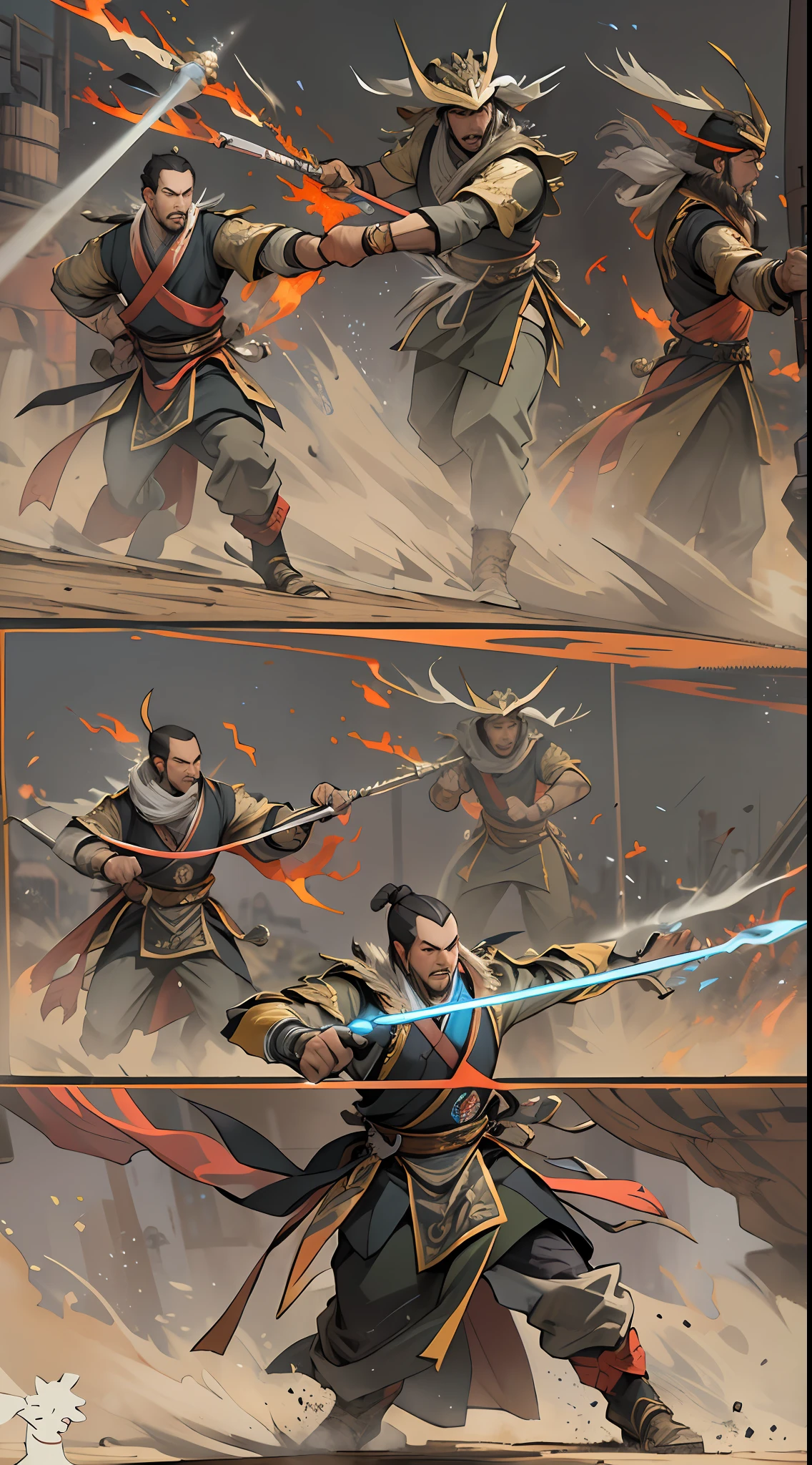 Li Gu displays immense combat power, launching consecutive strikes together with Fourth Ancestor Wu, their attacks bring immense pressure to the enemy, a battlefield under scorching sun and dust-filled air, tension and danger in the atmosphere, , 32k, best quality, masterpiece, super detail, high details,