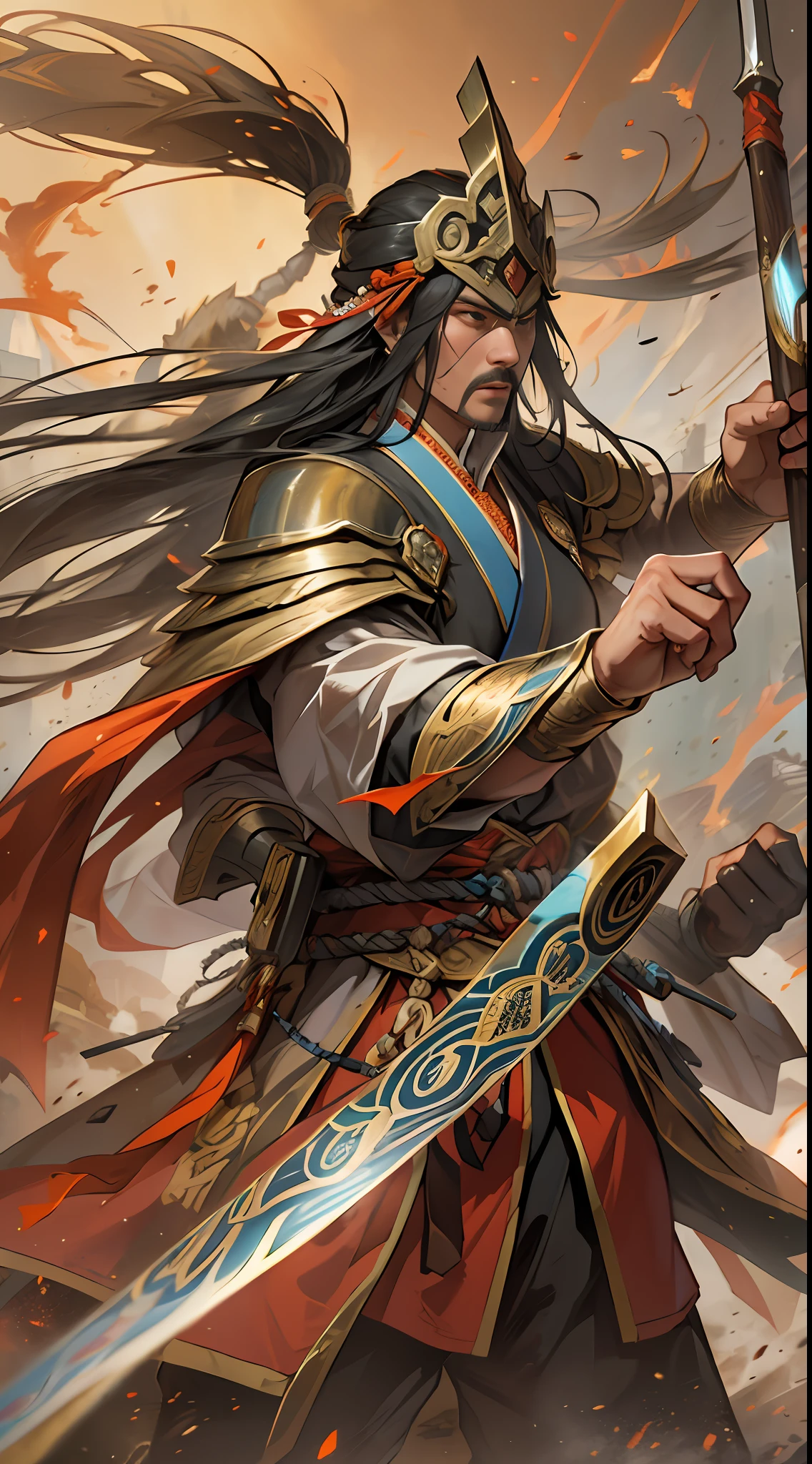 Li Gu displays immense combat power, launching consecutive strikes together with Fourth Ancestor Wu, their attacks bring immense pressure to the enemy, a battlefield under scorching sun and dust-filled air, tension and danger in the atmosphere, , 32k, best quality, masterpiece, super detail, high details,