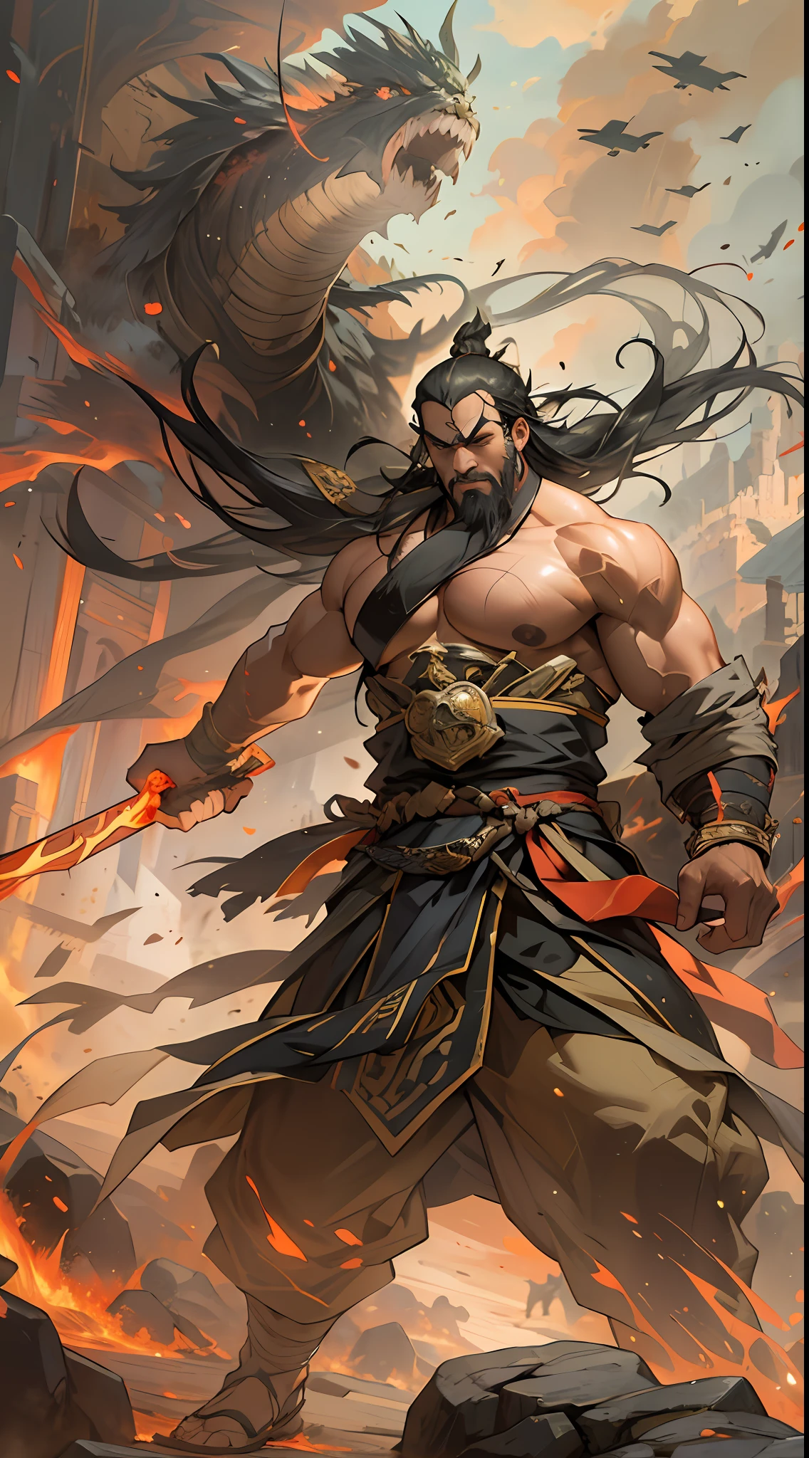 Li Gu displays immense combat power, launching consecutive strikes together with Fourth Ancestor Wu, their attacks bring immense pressure to the enemy, a battlefield under scorching sun and dust-filled air, tension and danger in the atmosphere, , 32k, best quality, masterpiece, super detail, high details,