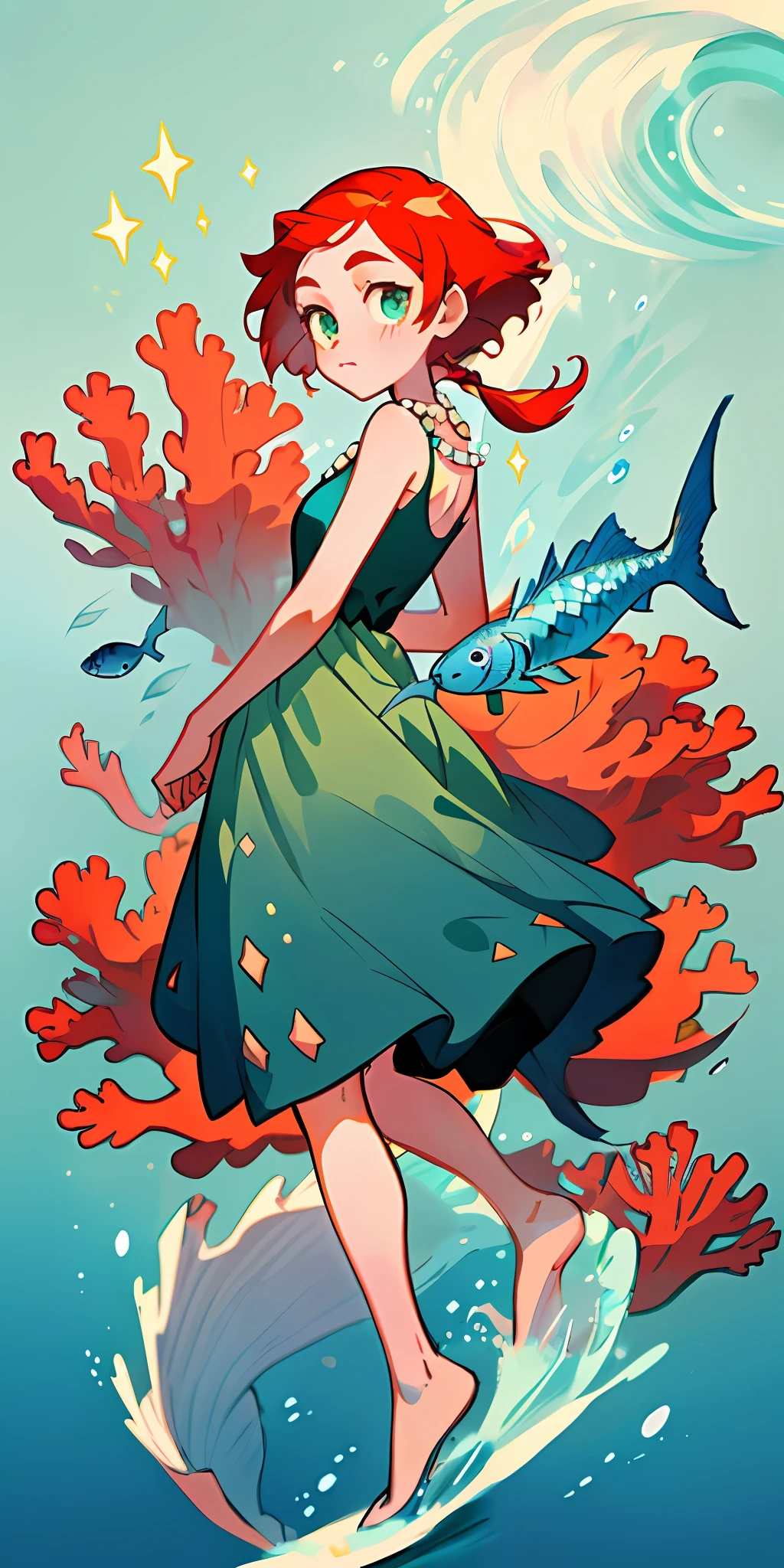 Cartoon illustration of a woman in a green dress walking barefoot on a wave, loish art style, loish |, inspired by loish, A beautiful artwork illustration, inspired by Lois van Baarle, loish van baarle, Beautiful digital illustration, author：loish, beautiful portrait of nami, Nami, trending on artstration