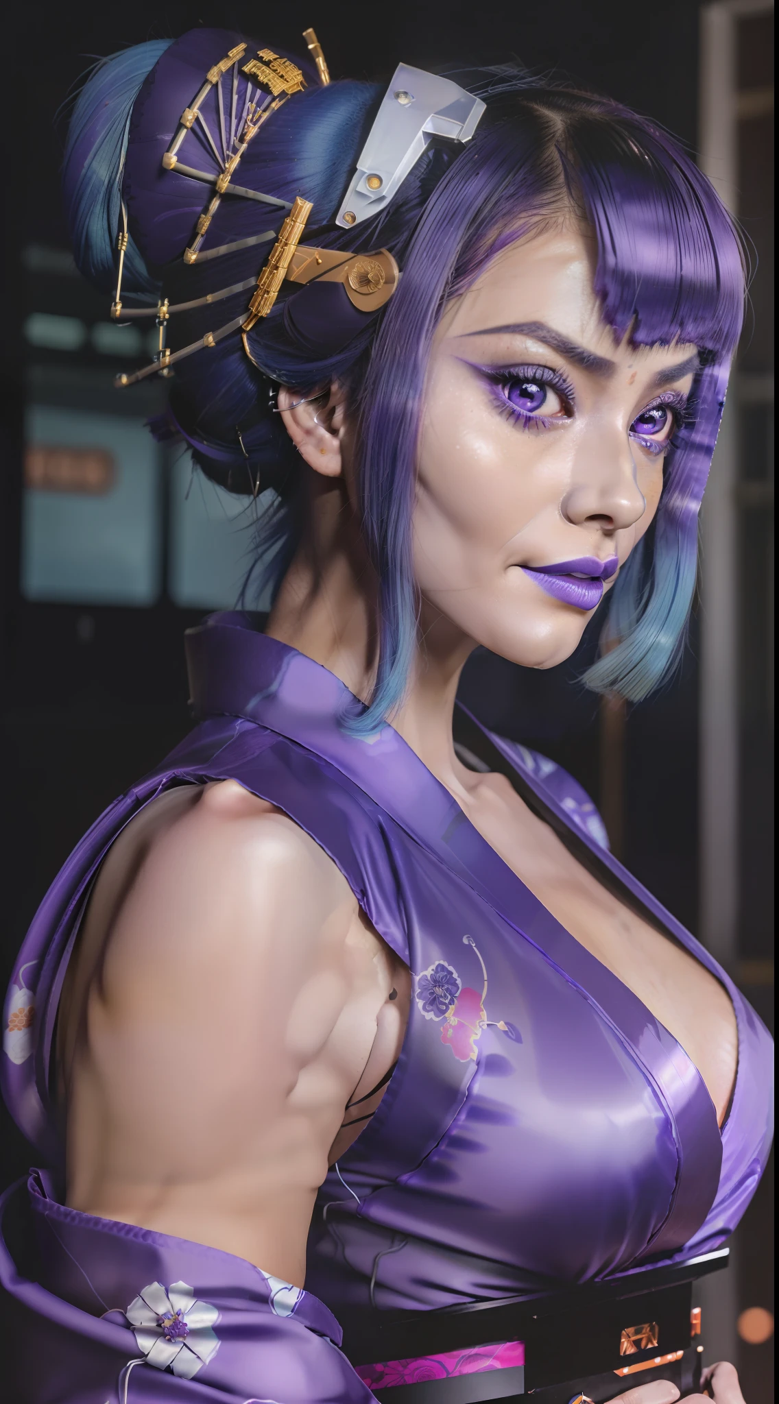 8k, ARTISTIC photography, best quality, masterpiece: 1.2), (realistic, photorealistic: 1.37` Movie still from johnny mnemonic movie directed by (John Carpenter) from 1987, (cyber punk woman face covered with a Virtual Reality headset connected to a mainframe,), ((Blue hair)) , (hacking console), over-detailed face, (((big open eyes))), beautiful body, toned body, (( dressed as futuristic Geisha clothes, ǍCROŇYM)). (((plastic Purple Kimono))), posing, in dark room wires coming through the walls and from computers.
