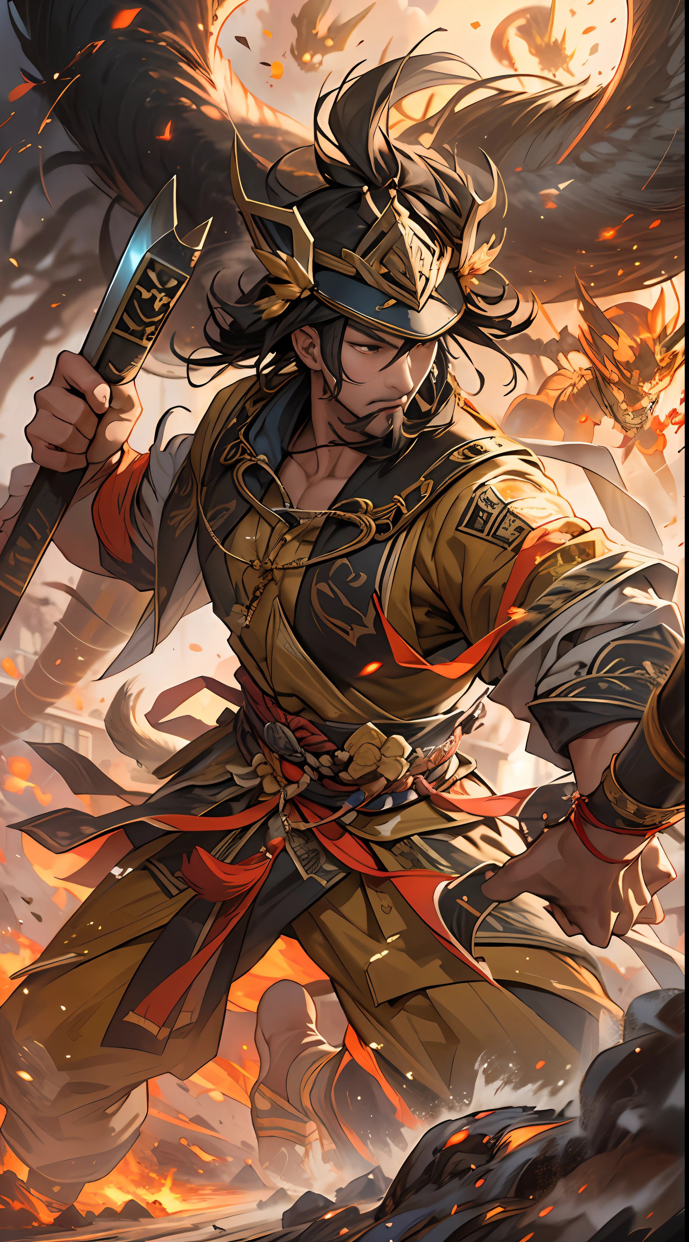 Li Gu displays immense combat power, launching consecutive strikes together with Fourth Ancestor Wu, their attacks bring immense pressure to the enemy, a battlefield under scorching sun and dust-filled air, tension and danger in the atmosphere, , 32k, best quality, masterpiece, super detail, high details,