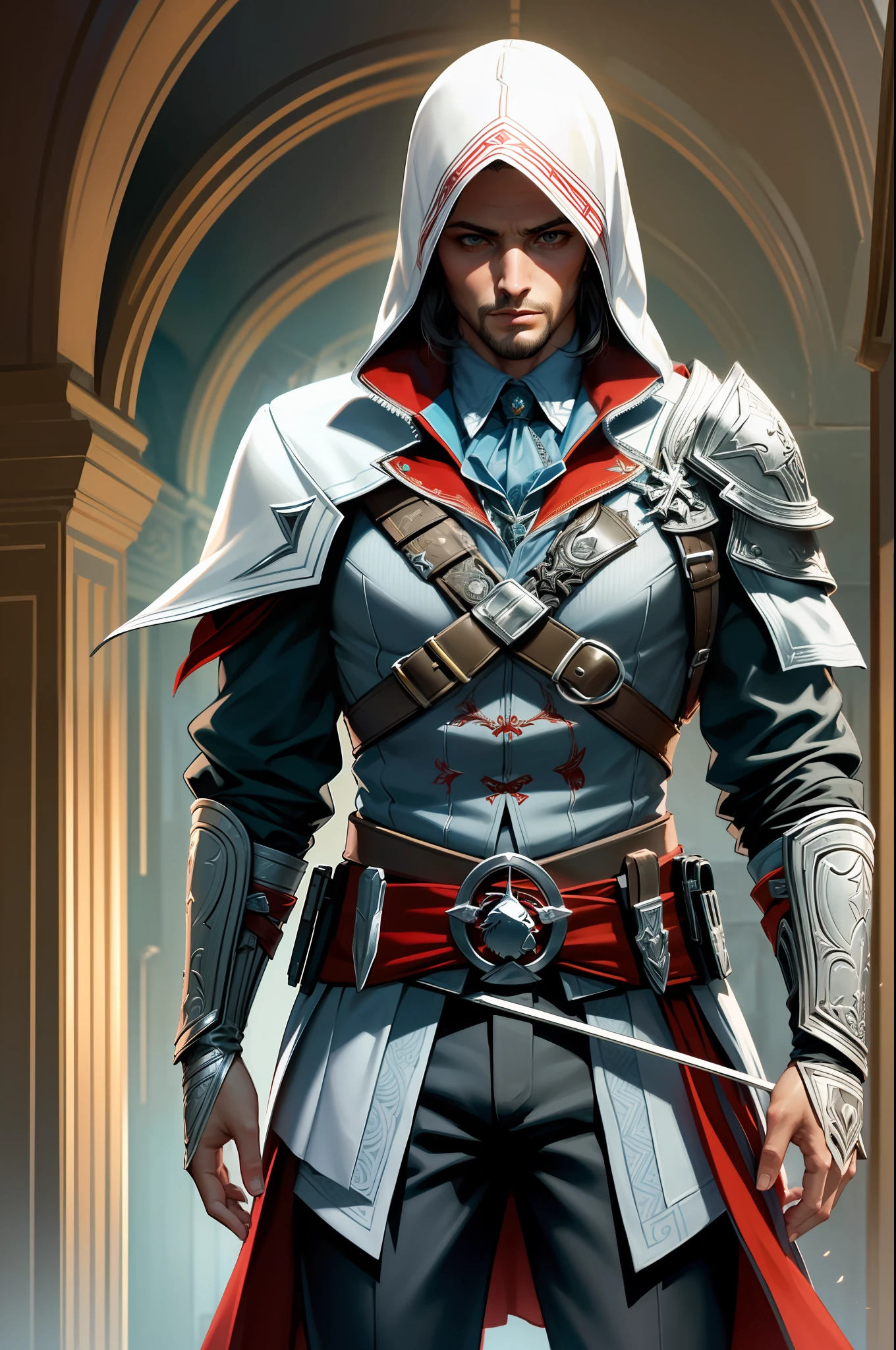 (traje rico em detalhes: 1.2, futuristic version, detalhes intricados, FHD) + (ezio, personagem masculino de Assassins Creed, perspectiva ampla)