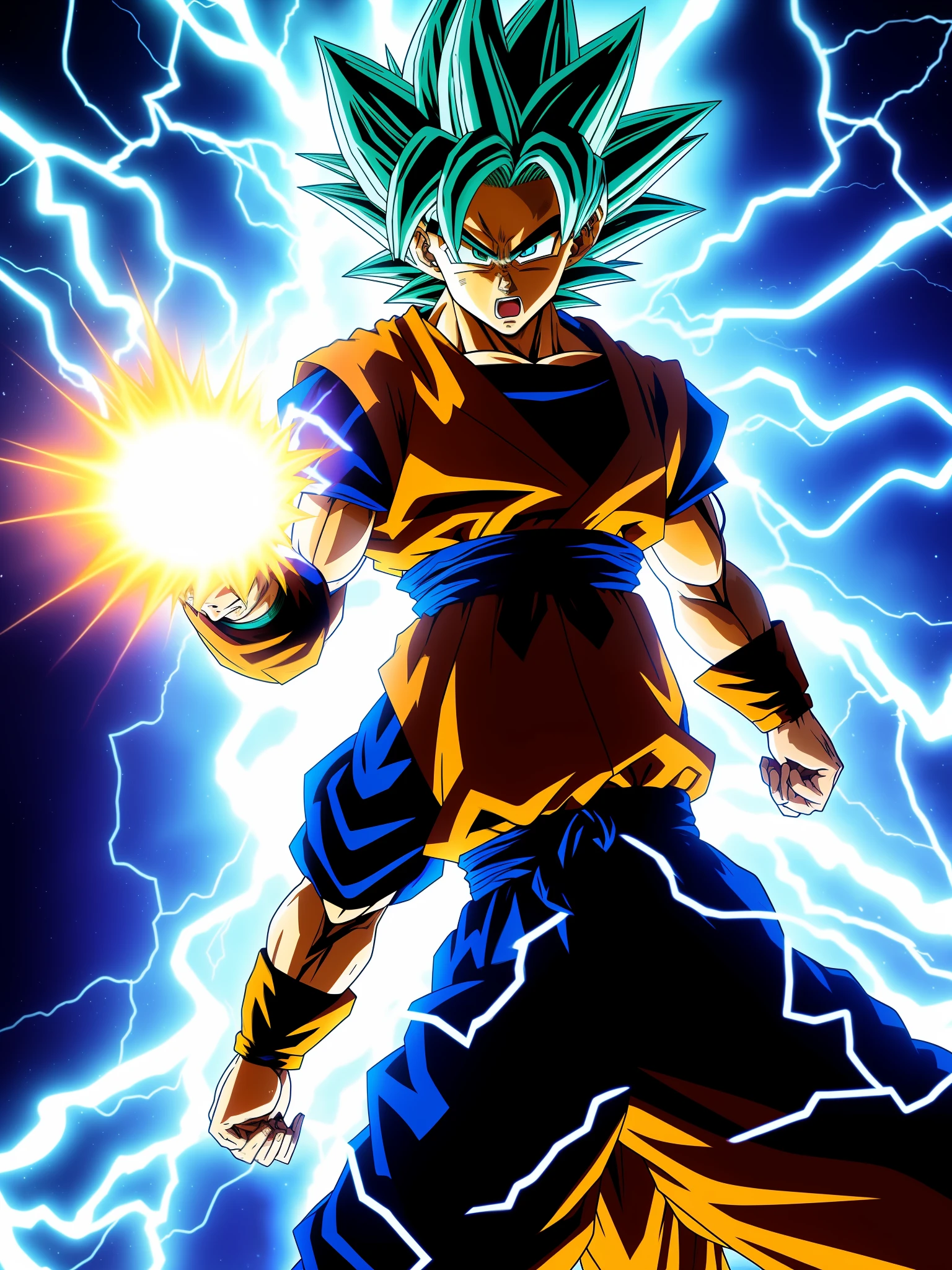 Super Saiyan Goku stands in the dark places around him
The whole body emits blue shock waves and lightning,delicated,Brilliant