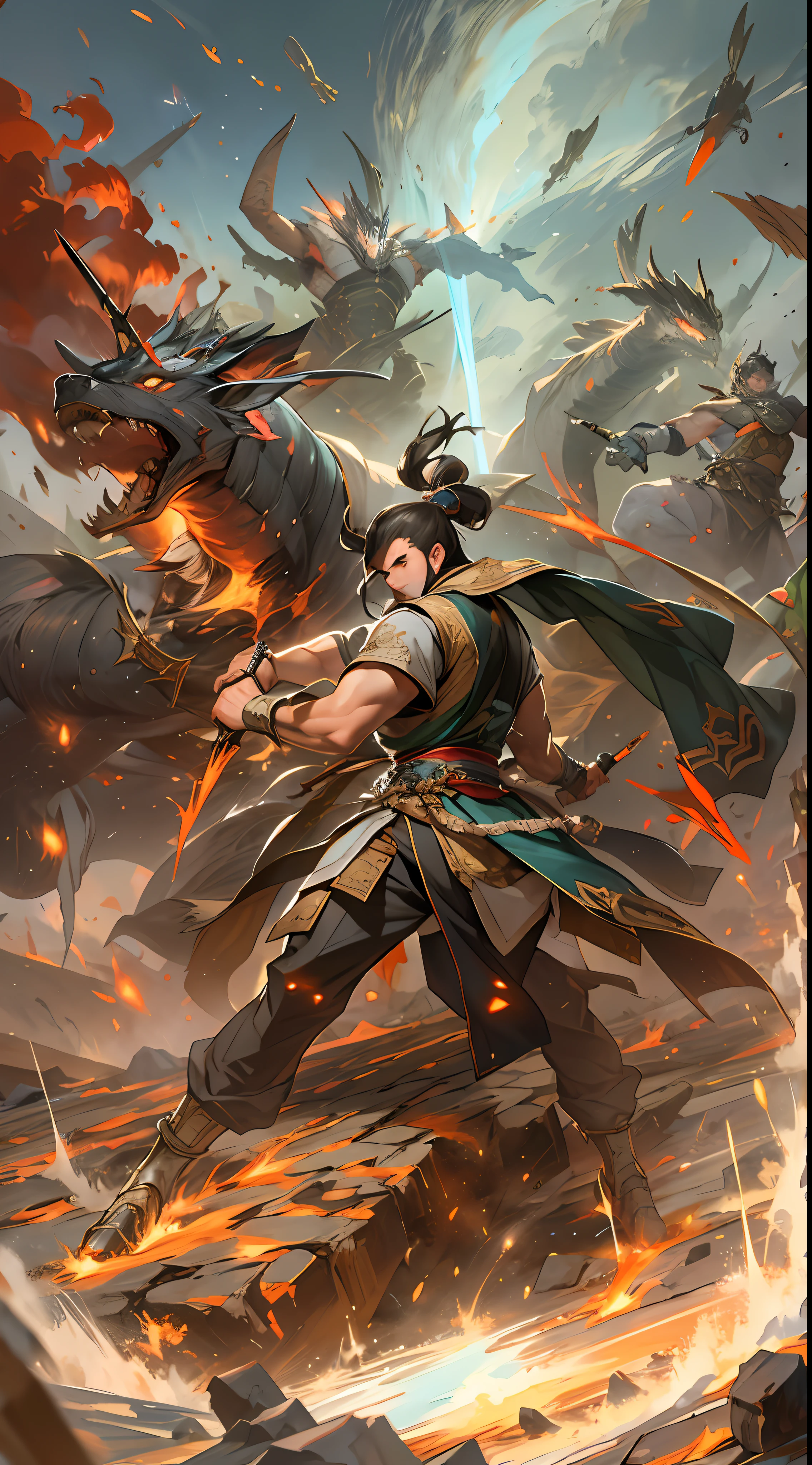 Li Gu displays immense combat power, launching consecutive strikes together with Fourth Ancestor Wu, their attacks bring immense pressure to the enemy, a battlefield under scorching sun and dust-filled air, tension and danger in the atmosphere, , 32k, best quality, masterpiece, super detail, high details,