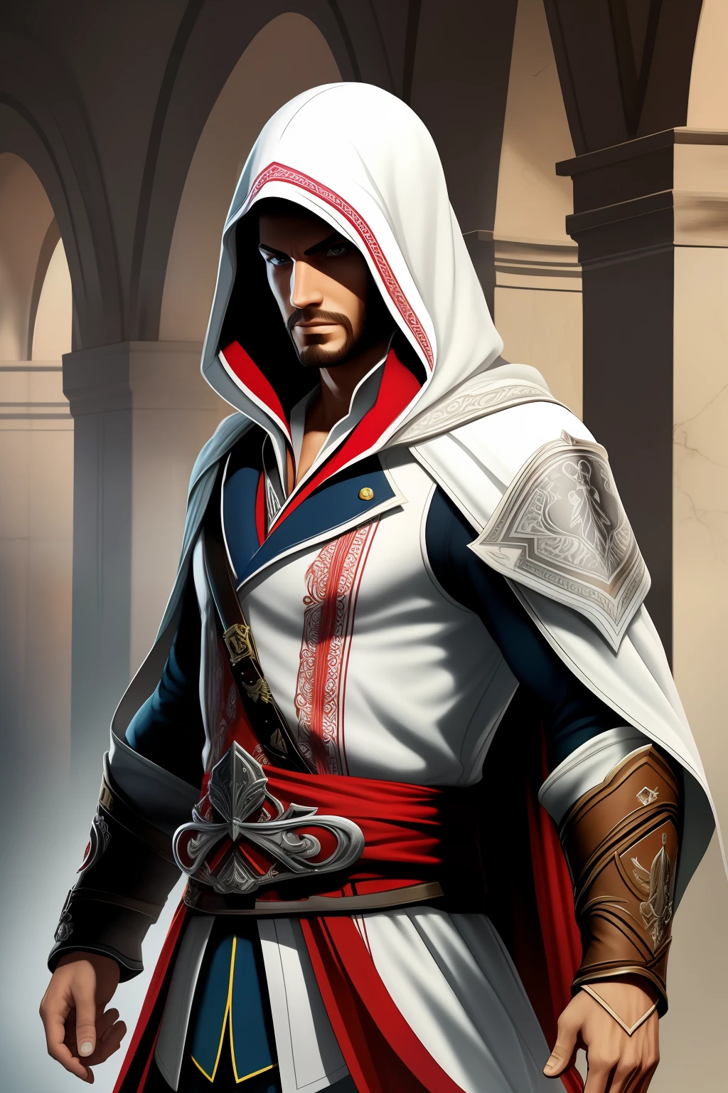 Ezio, personagem masculino de Assassins Creed, traje rico em detalhes, futuristic version, detalhes intricados, FHD