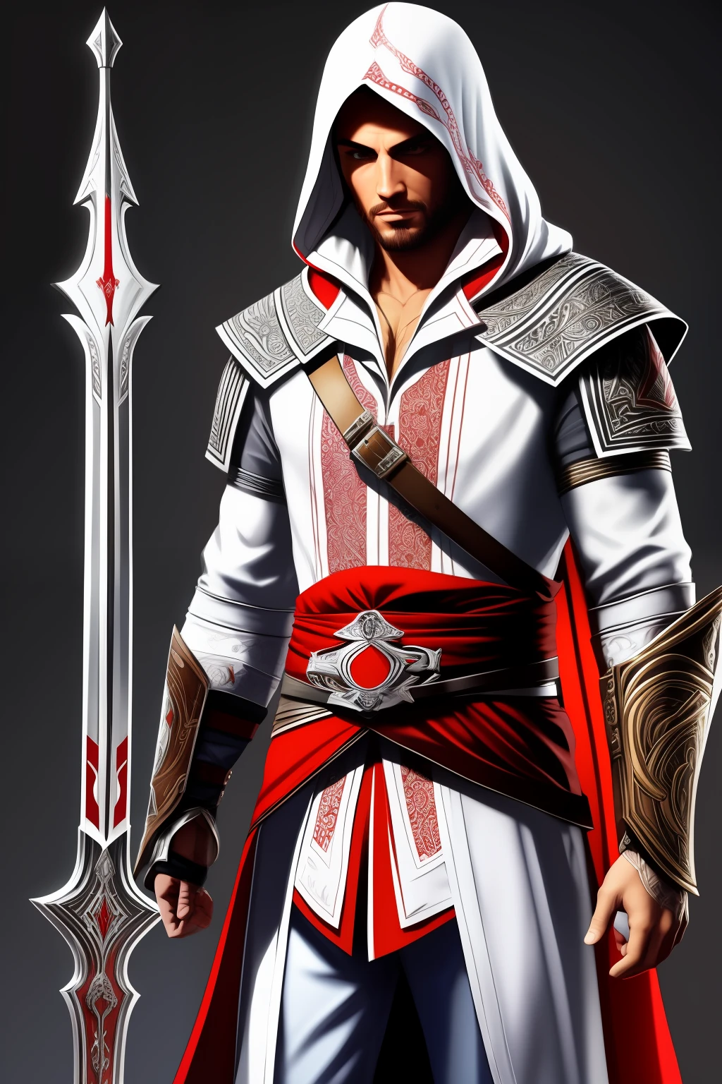 Ezio, personagem masculino de Assassins Creed, traje rico em detalhes, futuristic version, detalhes intricados, FHD