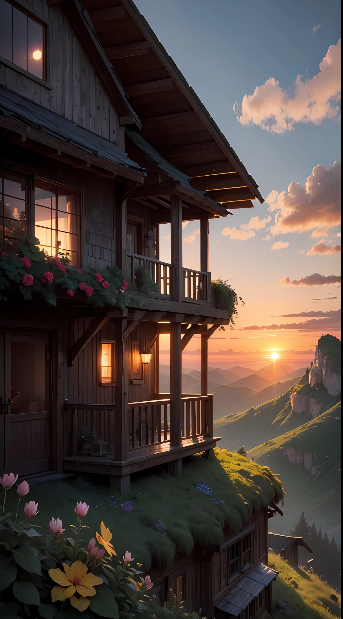 A house in the middle of a mountain with a sunset background, Plenty of vegetation, digital