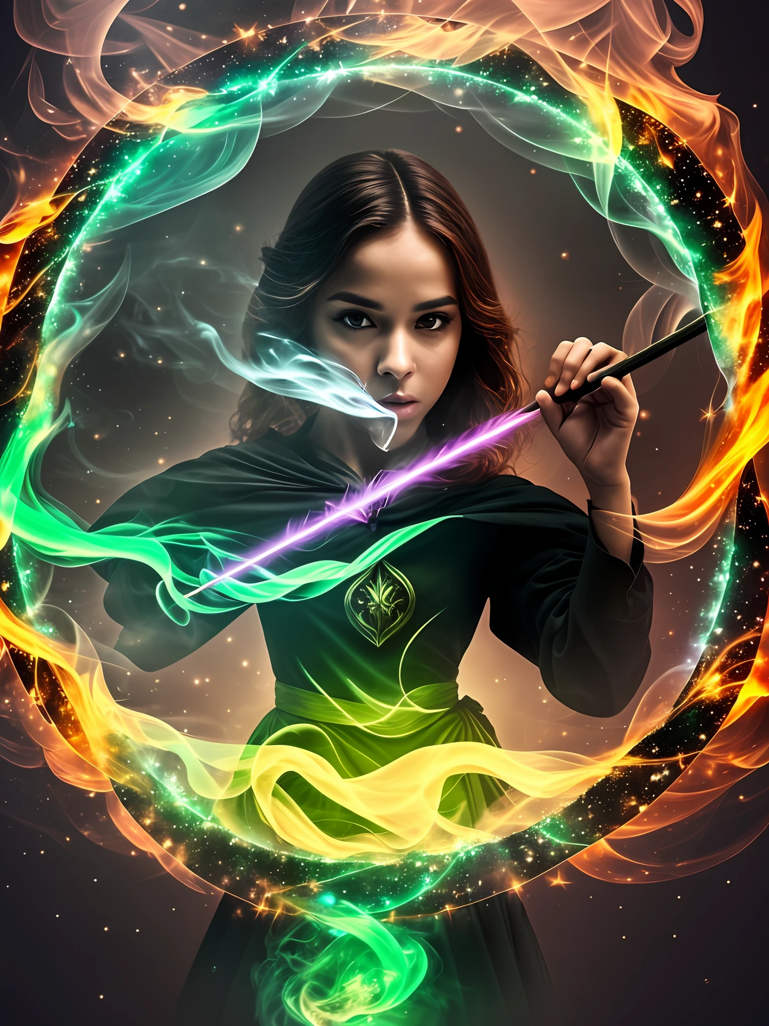 real woman background green smoke green magic powers mirror mirror 4K realistic super detailed details fire green smoke magic magic wand Harry Potter Voldemort the stick wants davra hurricane spell psychedelic silhouette full body face body clothing black bright stars magic mirror circle prison smoke --auto --s2
