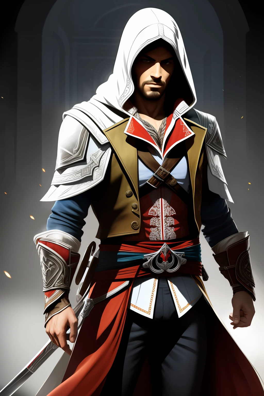 Ezio, personagem masculino de Assassins Creed, traje rico em detalhes, futuristic version, detalhes intricados, FHD