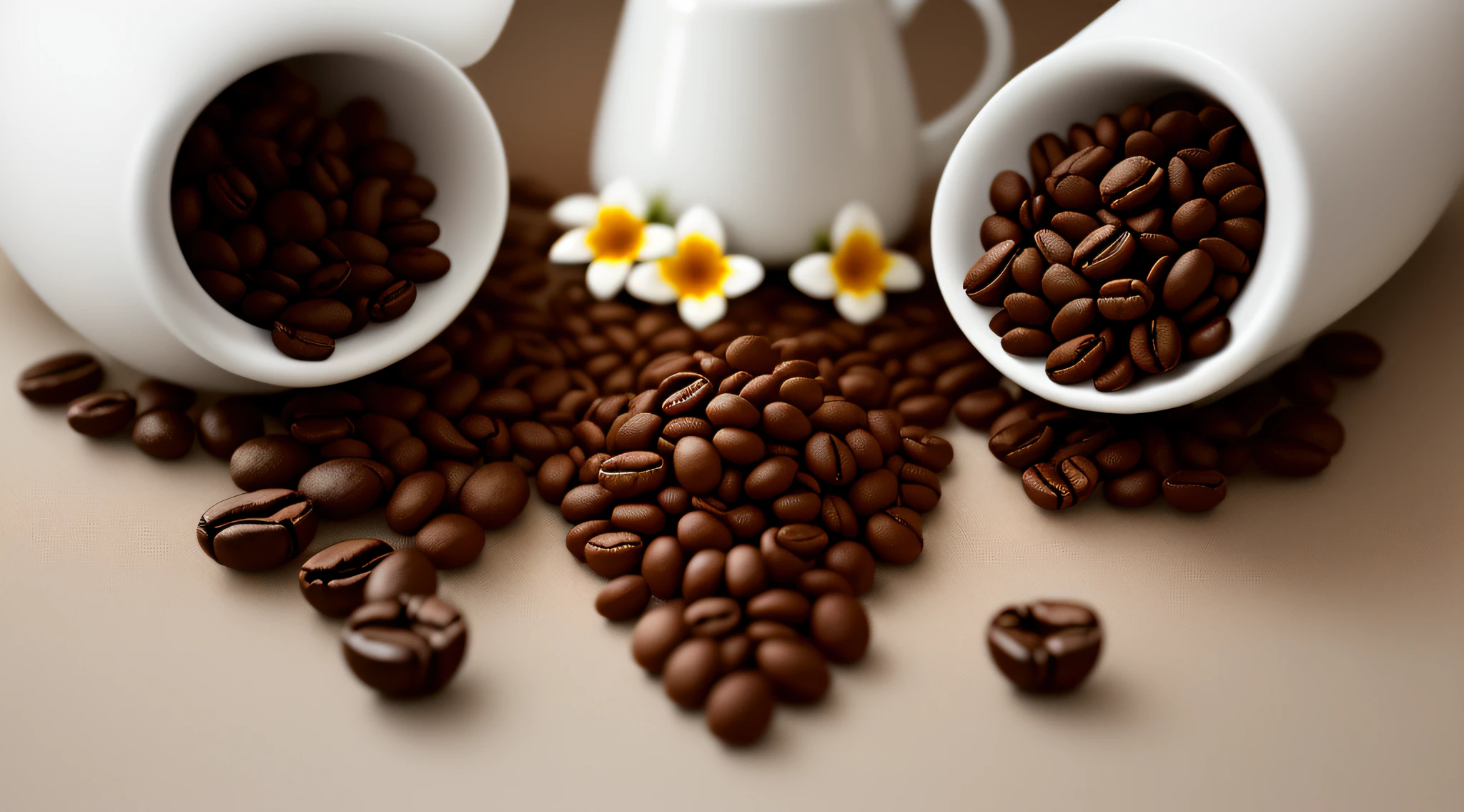 (Wallpaper design with coffee beans and flowers) ,La mejor calidad, Ultra detallado, High resolution, Tema floral, Warm color tone, coffee beans, Dynamic and vibrant flowers, Enfoque suave, Profundidad de campo. white background