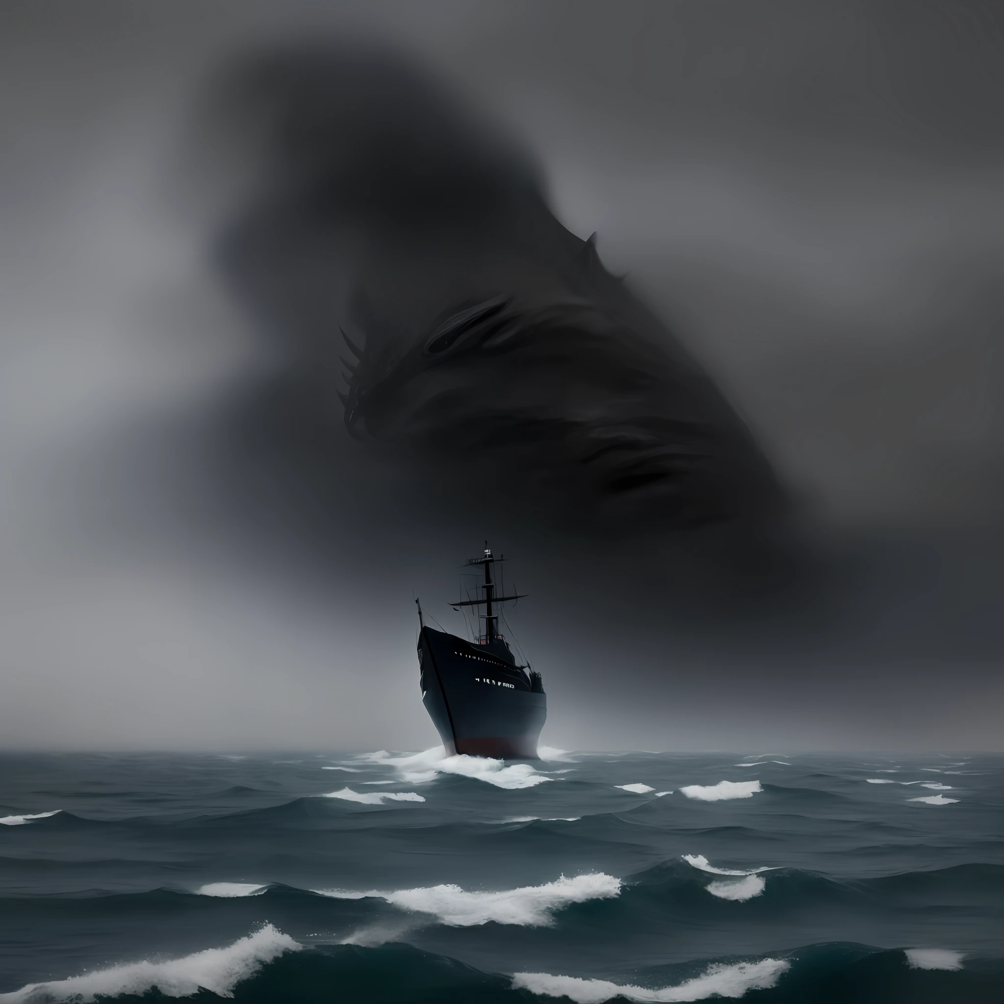 (masterpiece), More quality words, Cthulhu style, Vista angle, (1 lonely ship), Storms at sea, sea monster, Blur thick fog, raiden, Gray-black sky, Drip sound