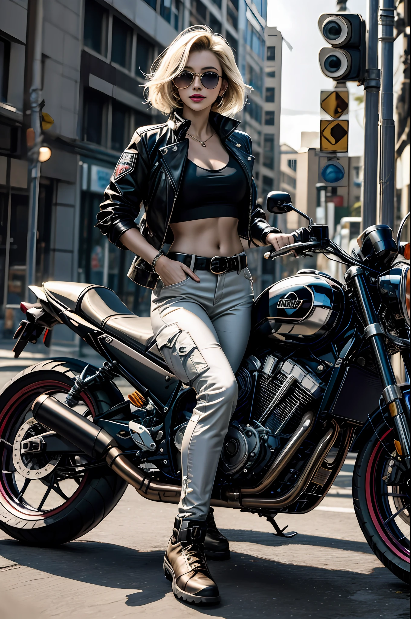 1 mulher Cammy White (Lutador de rua), corpo proporcional, pale skin and freckles, olhos cinzas, nariz delicado, soft and delicate lips, cabelo (blondie cinza, rabo-de-cavalo), with aviator glasses with transparent yellow lenses, jaqueta de couro (branca e detalhes pretos), white sports bra, black cargo pants com faixa lateral vermelha, Tactical belt, coldre com pistola, bota de couro marrom cano alto, cabelos ao vento, observa a cidade de Los Angeles iluminada a noite sentada de lado na sua moto futurista (Akira manga). Neon lights and lamp posts, pose de modelo encostada na moto, modelshoot, sorriso meigo, disco Rigido, fotorrealista 1:3, solo 1:3, professional camera, obra prima, Foto premiada, one hand to the hair,8k, altamente renderizado, foco na pessoa
